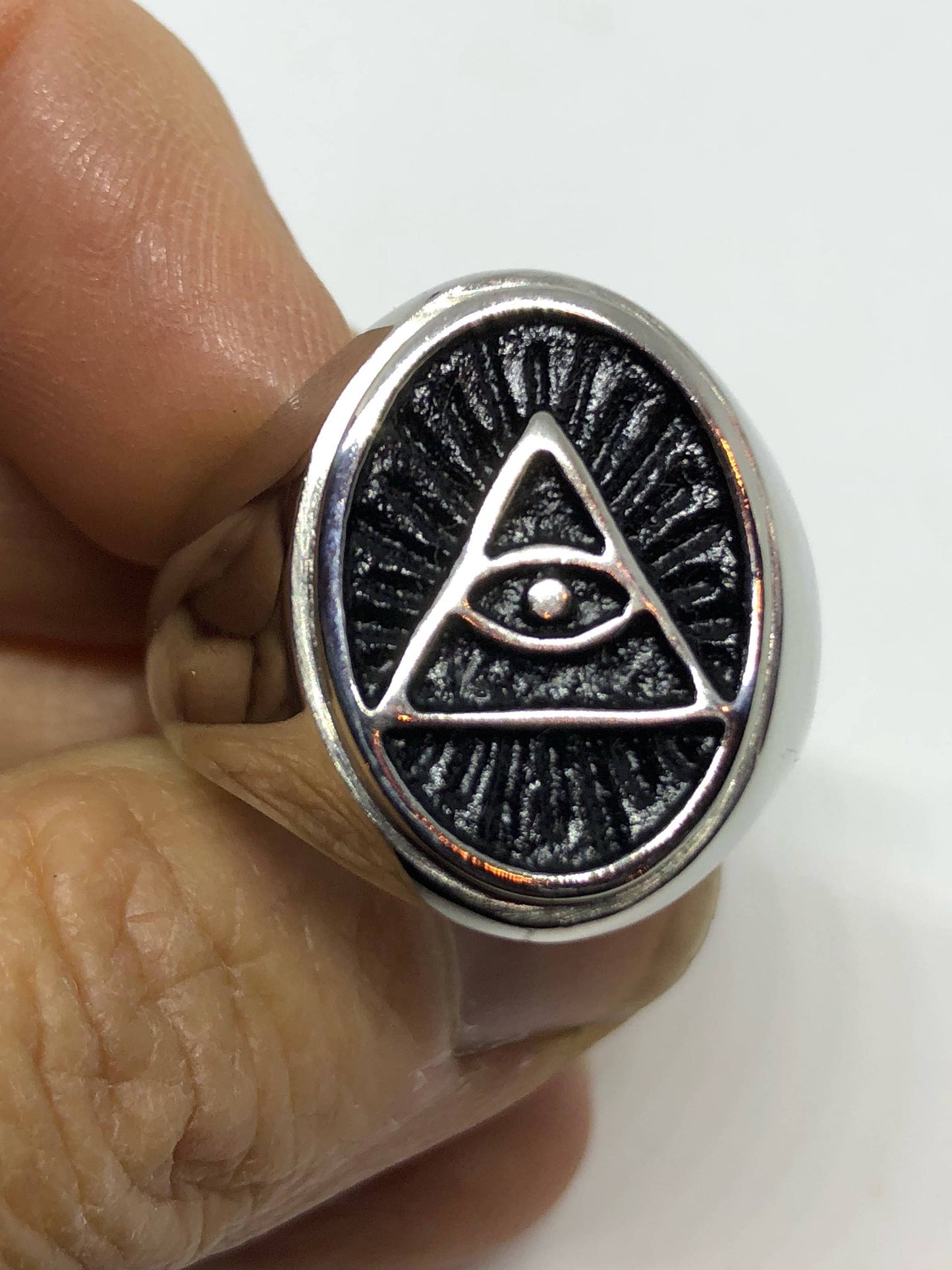 Vintage Gothic Silver Stainless Steel Illuminati Eye Pyramid Mens Ring