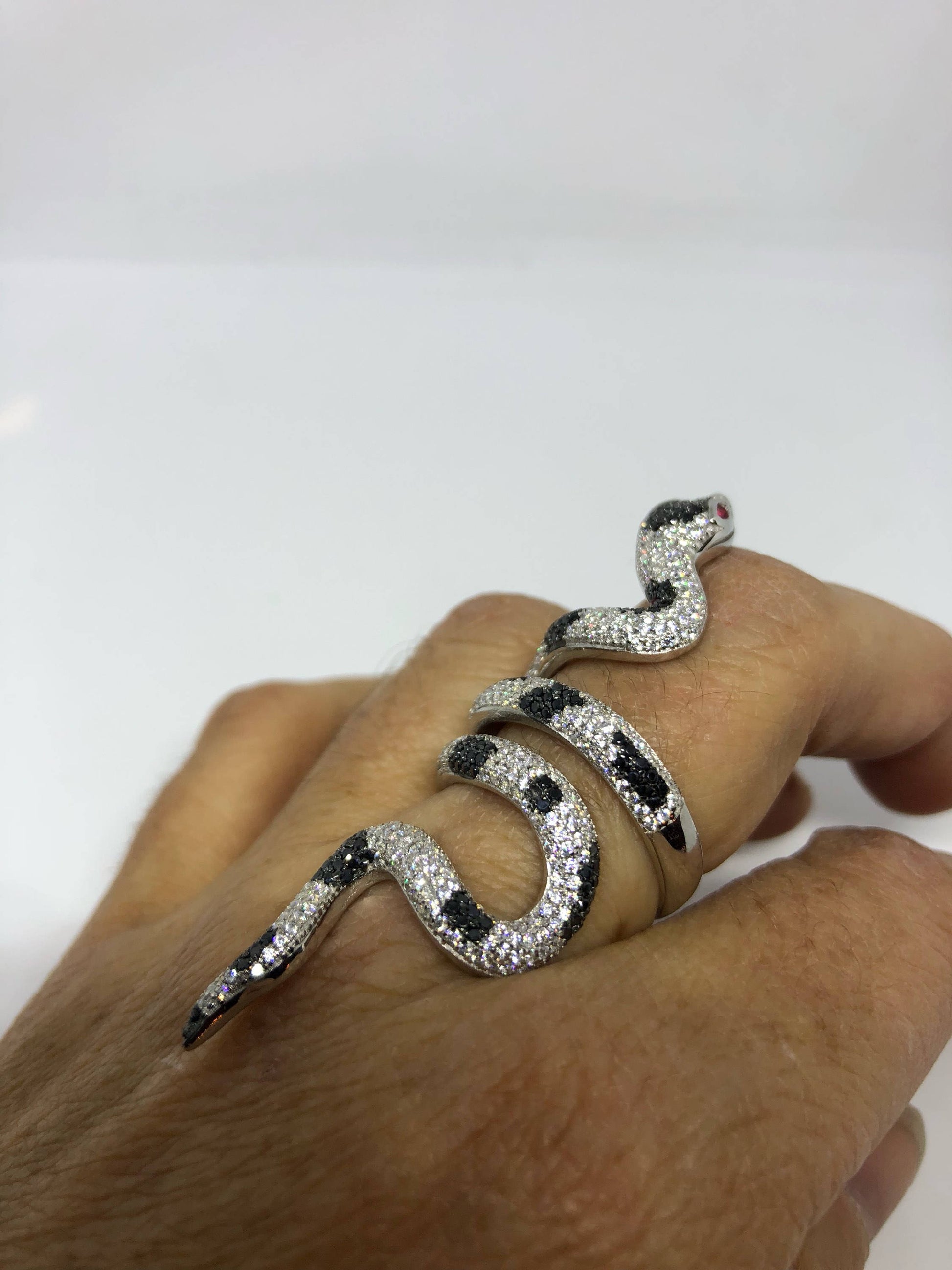 Vintage Sterling Silver Adjustable Crystal Snake Ring