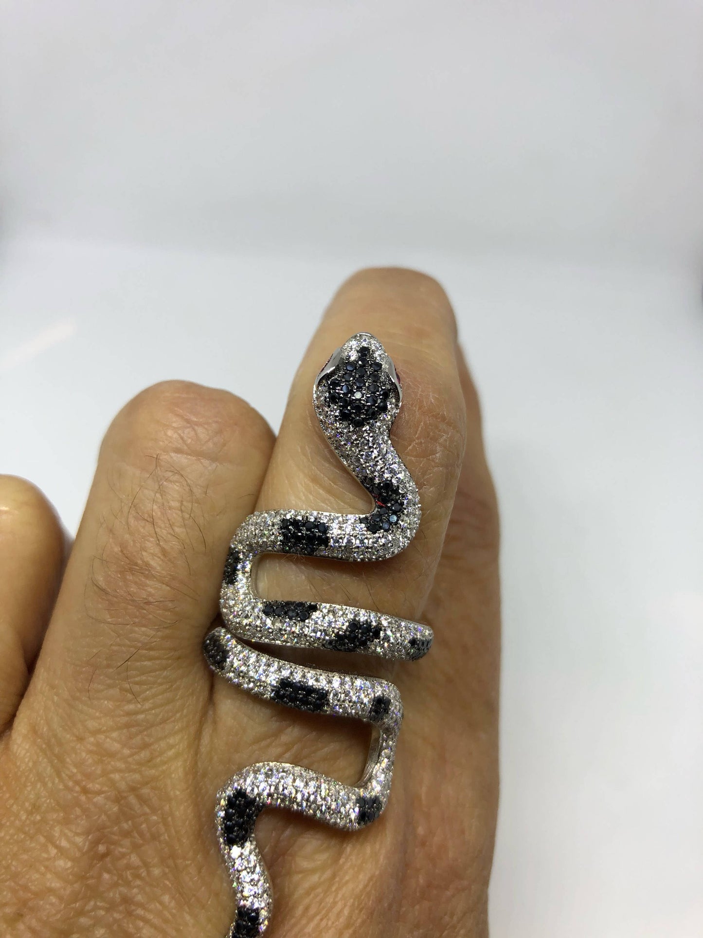 Vintage Sterling Silver Adjustable Crystal Snake Ring