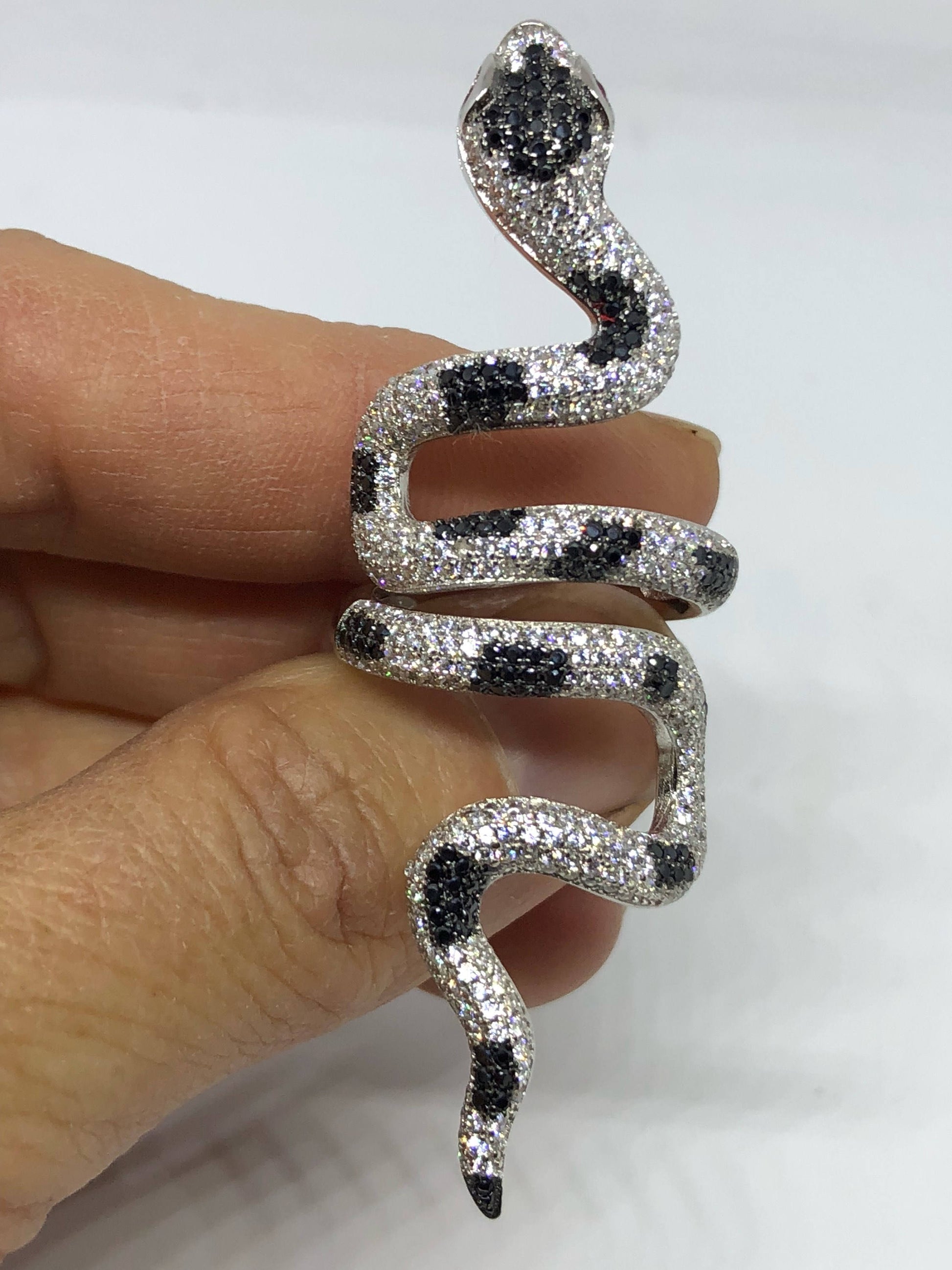 Vintage Sterling Silver Adjustable Crystal Snake Ring