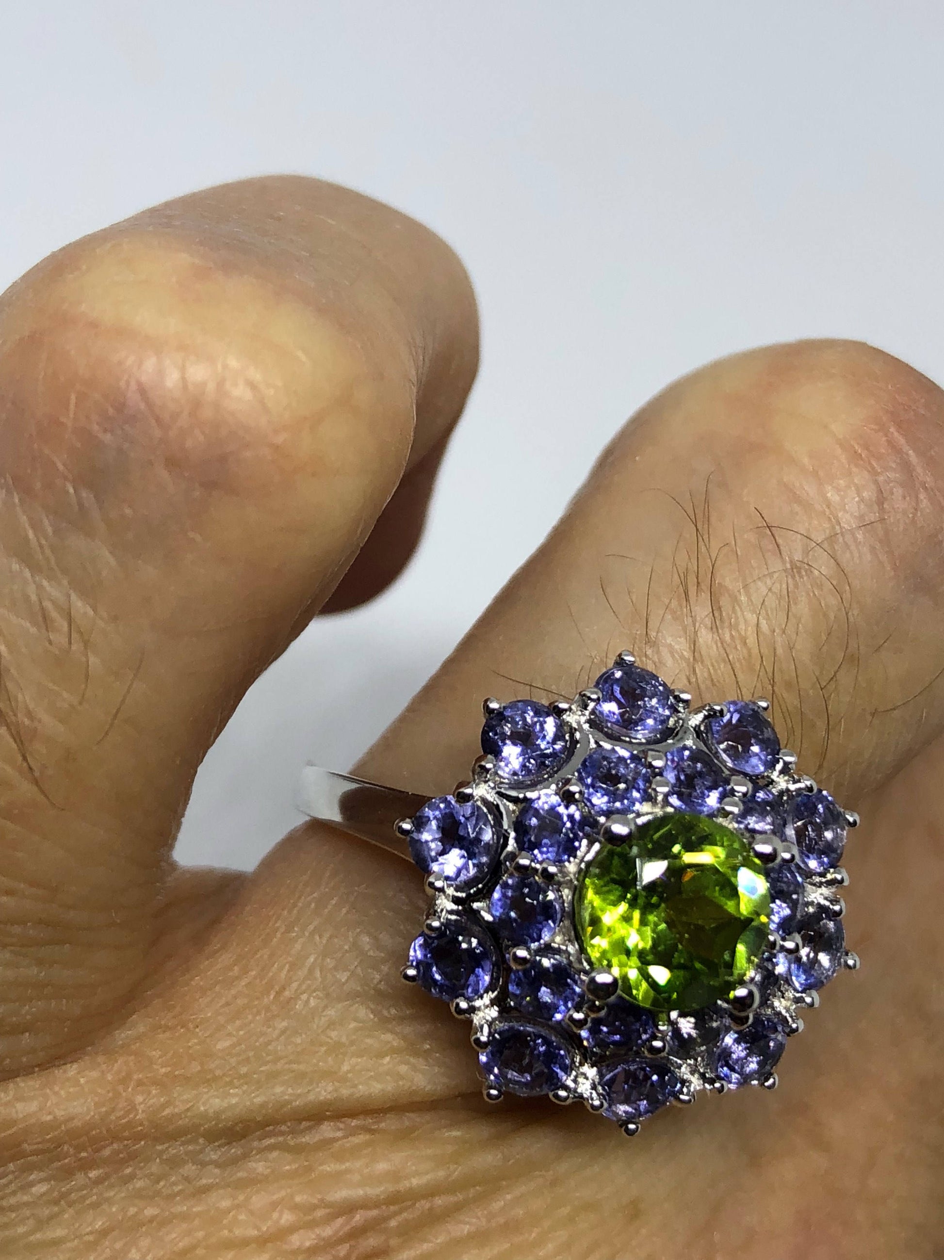 Vintage Handmade Genuine Green Peridot and Blue Iolite 925 Sterling Silver Gothic Flower Ring