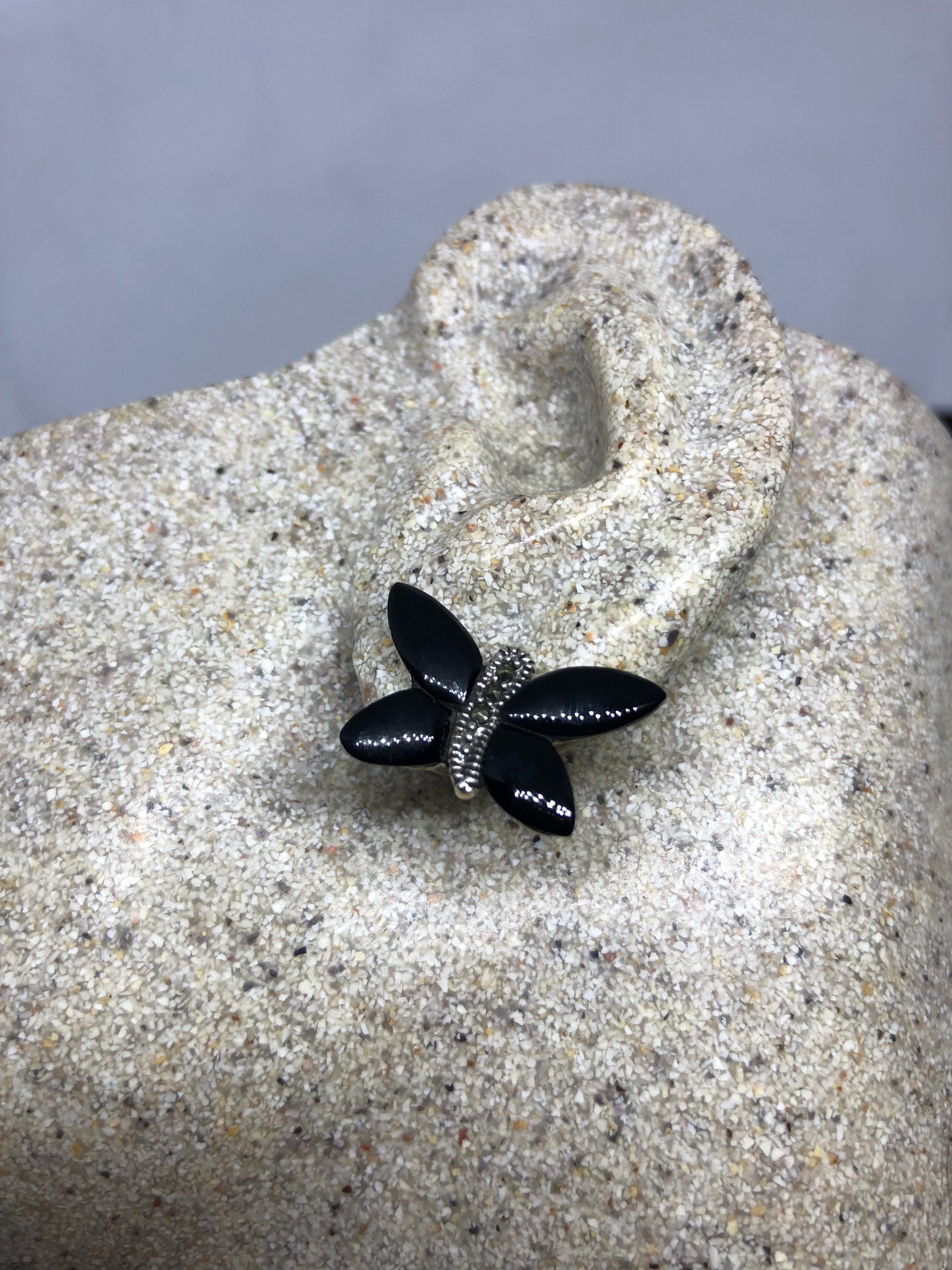 Vintage Black Onyx Dragonfly Earrings Marcasite 925 Sterling Silver Studs