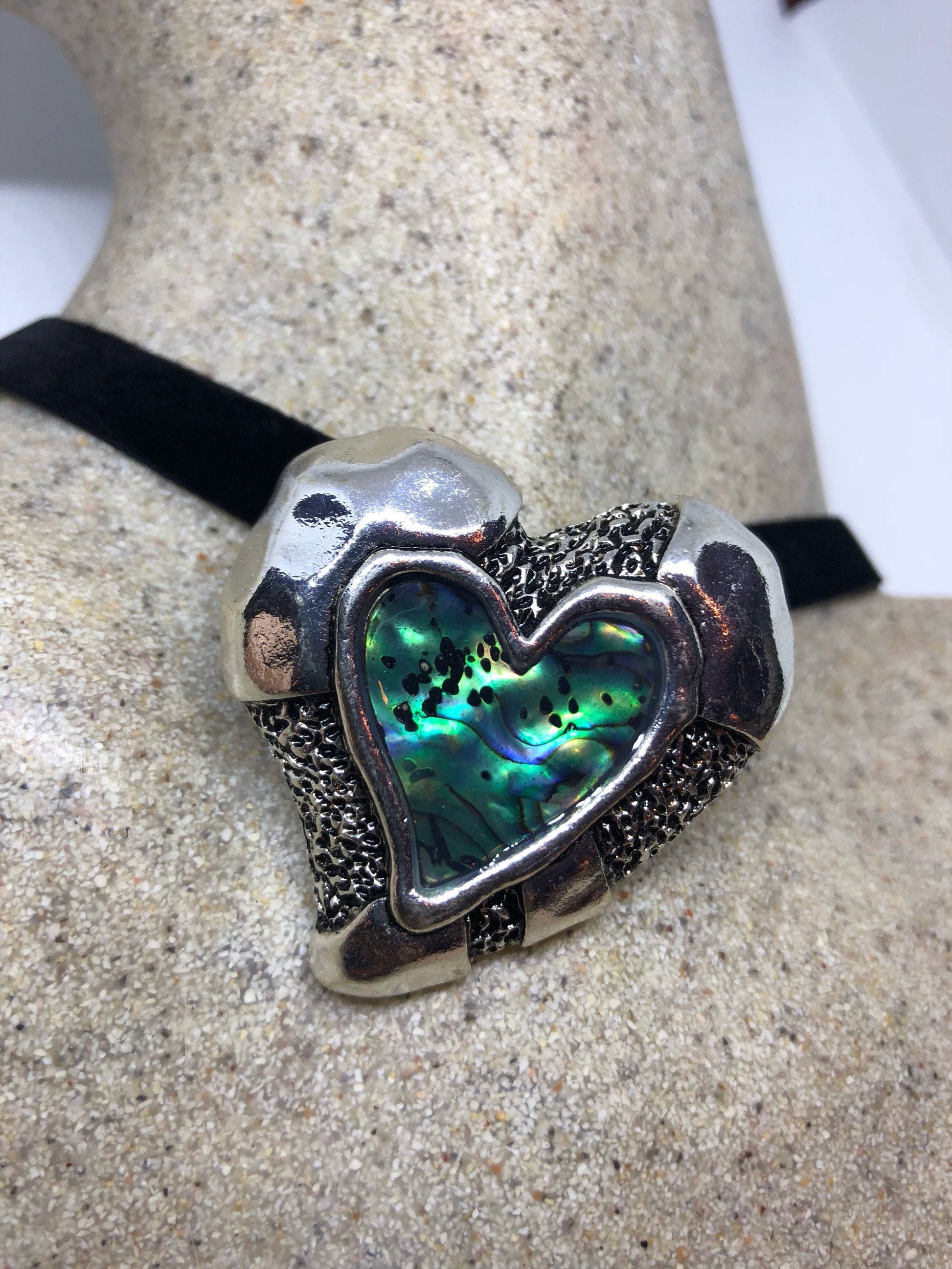Blue Handmade Gothic Styled Silver Finished Genuine Abalone Heart Choker Necklace