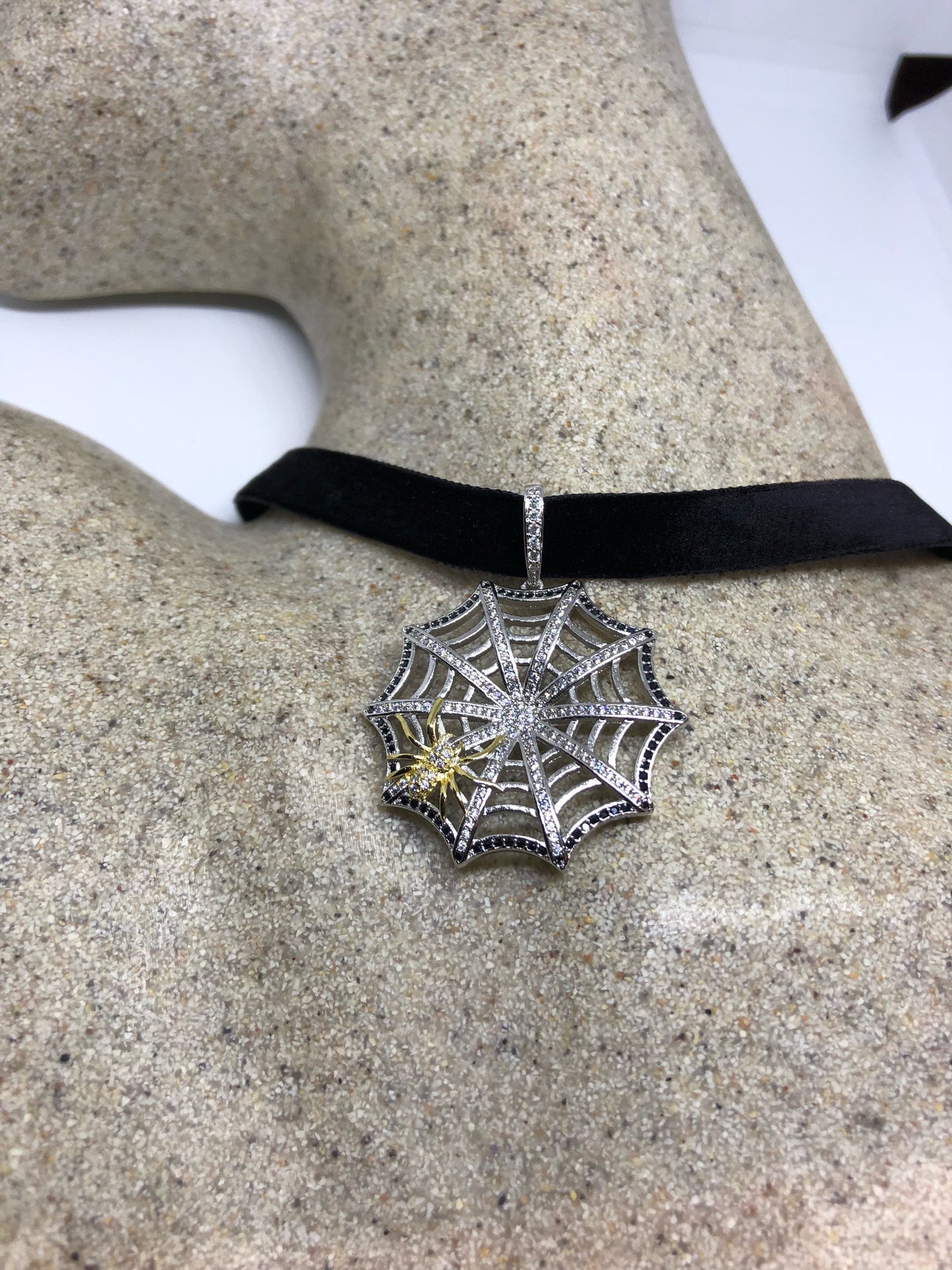 Vintage Handmade Spider web Amulet Silver White Bronze Pendant