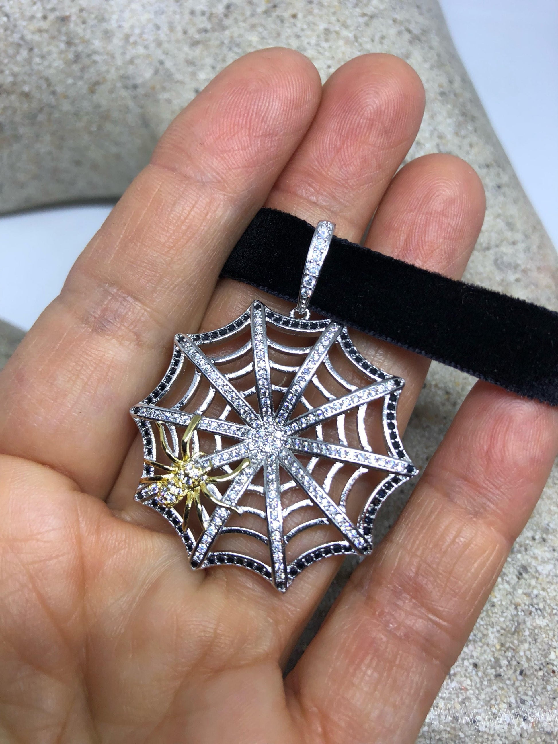 Vintage Handmade Spider web Amulet Silver White Bronze Pendant