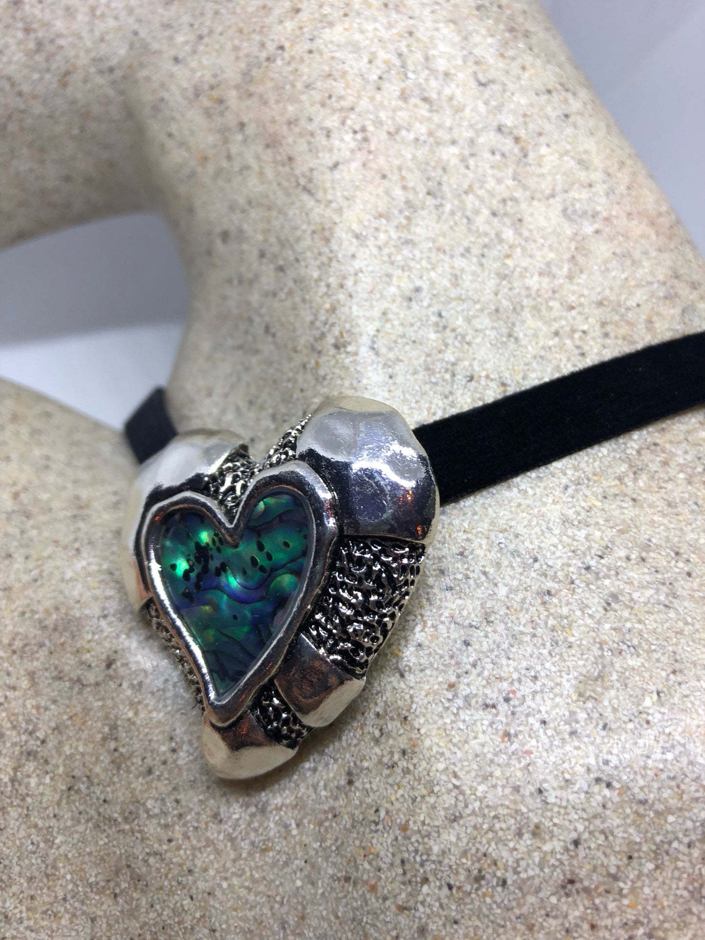 Blue Handmade Gothic Styled Silver Finished Genuine Abalone Valentines Heart Choker Necklace