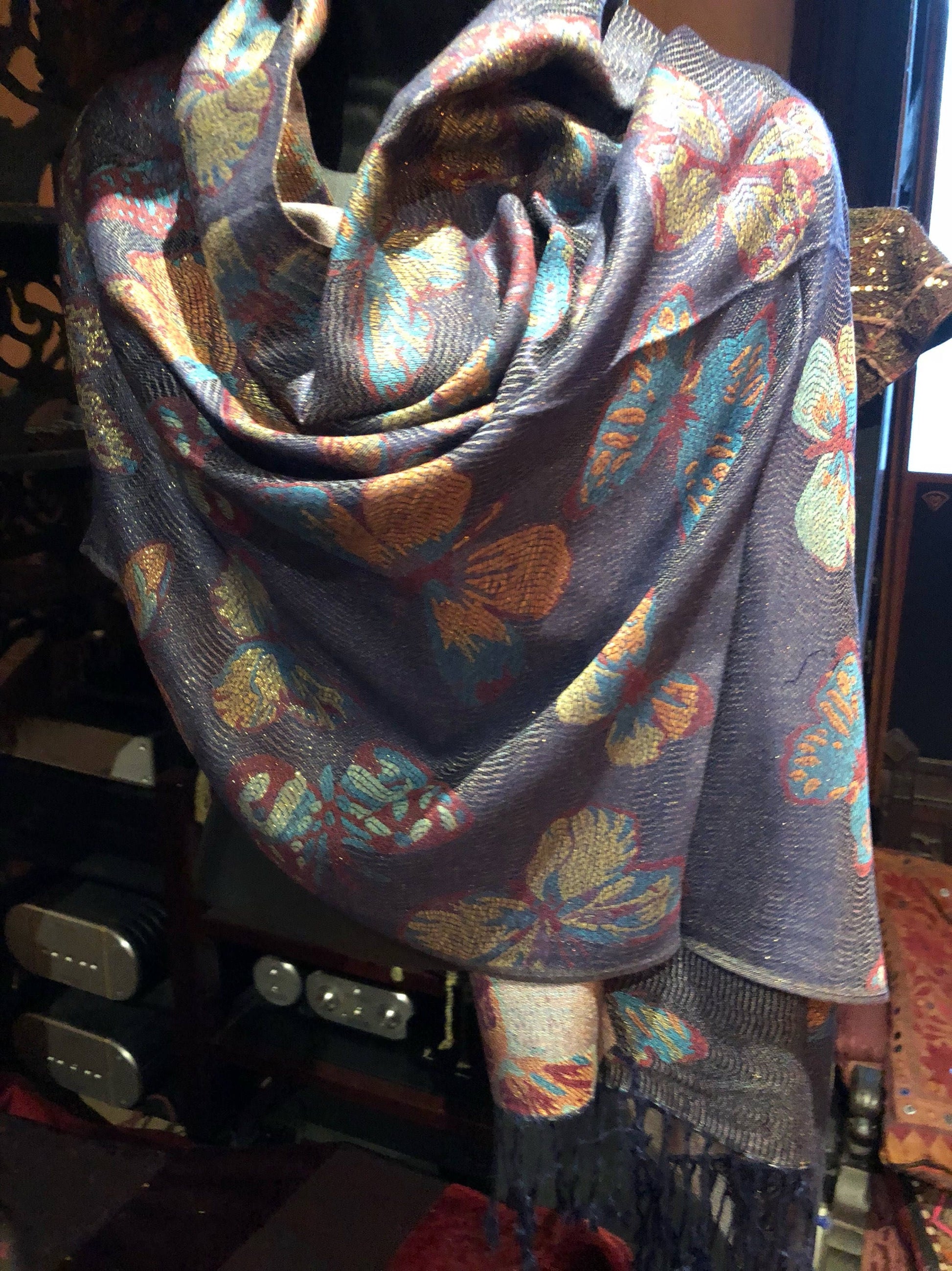 Nemesis Vintage Navy Blue Gold Butterfly Brocade Pashmina Scarf Wrap