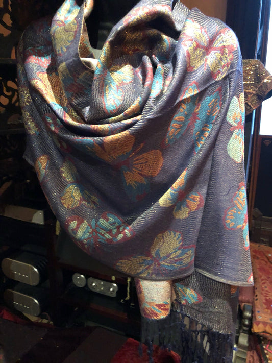Nemesis Vintage Navy Blue Gold Butterfly Brocade Pashmina Scarf Wrap