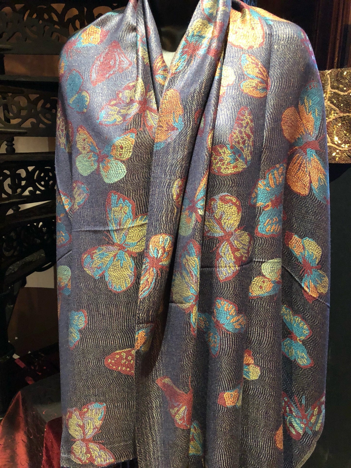 Nemesis Vintage Navy Blue Gold Butterfly Brocade Pashmina Scarf Wrap