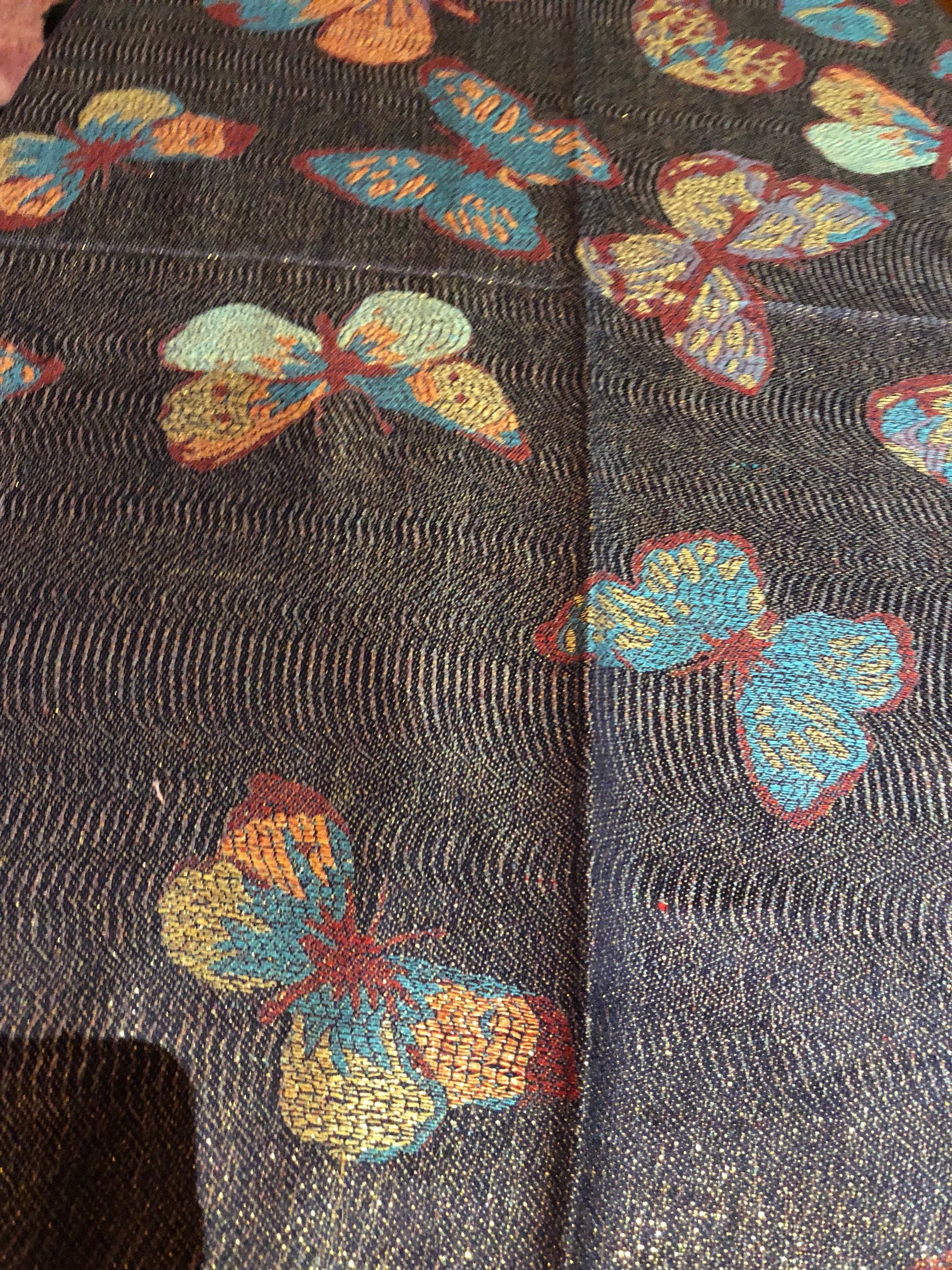 Nemesis Vintage Navy Blue Gold Butterfly Brocade Pashmina Scarf Wrap