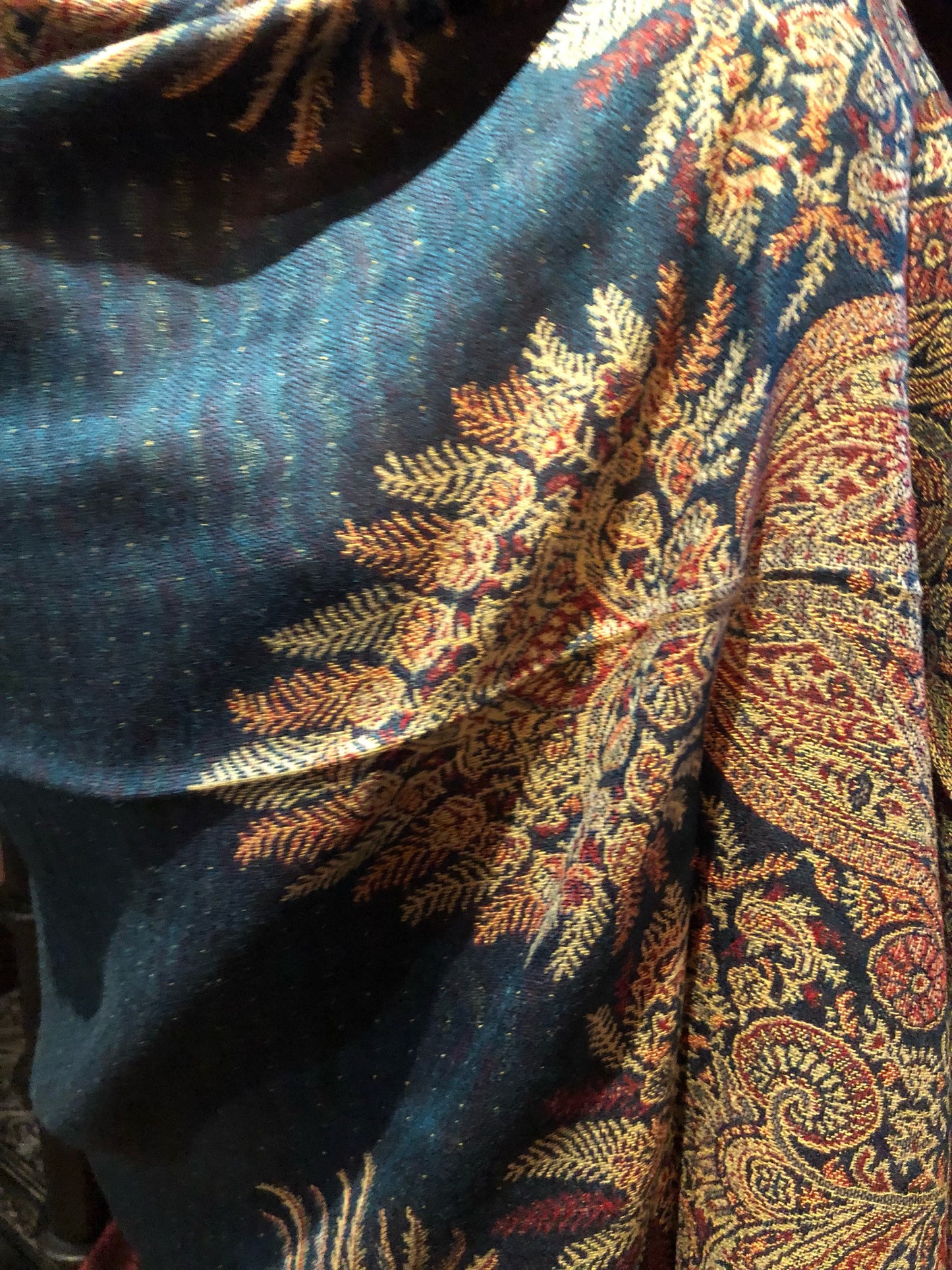 Vintage Teal Blue Paisley Brocade Pashmina Scarf Wrap Shawl