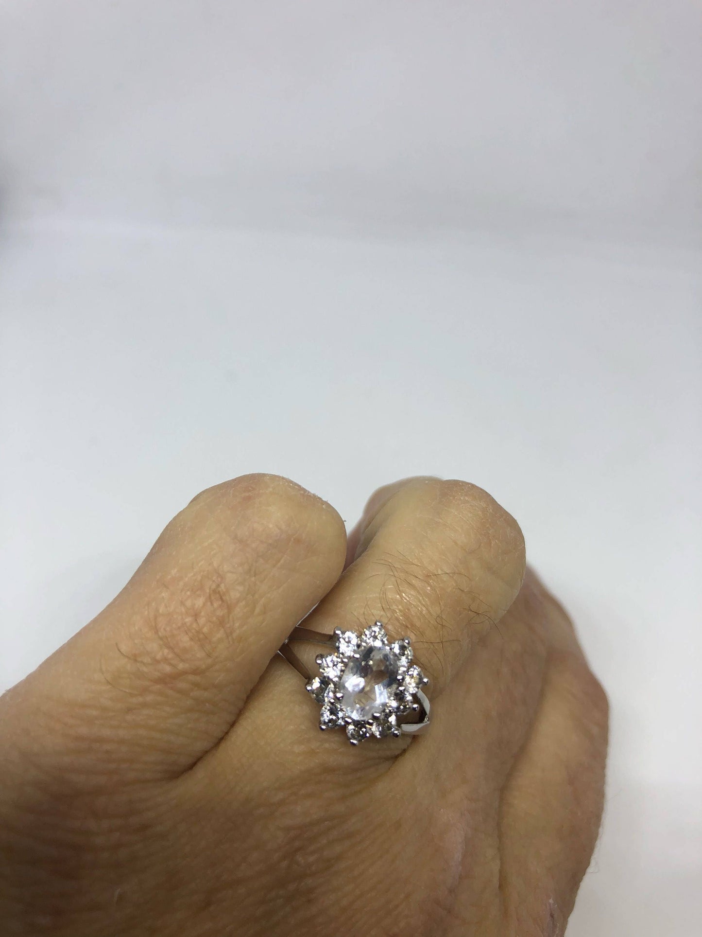 Vintage Clear White Sapphire 925 Sterling Silver Small Cocktail Ring