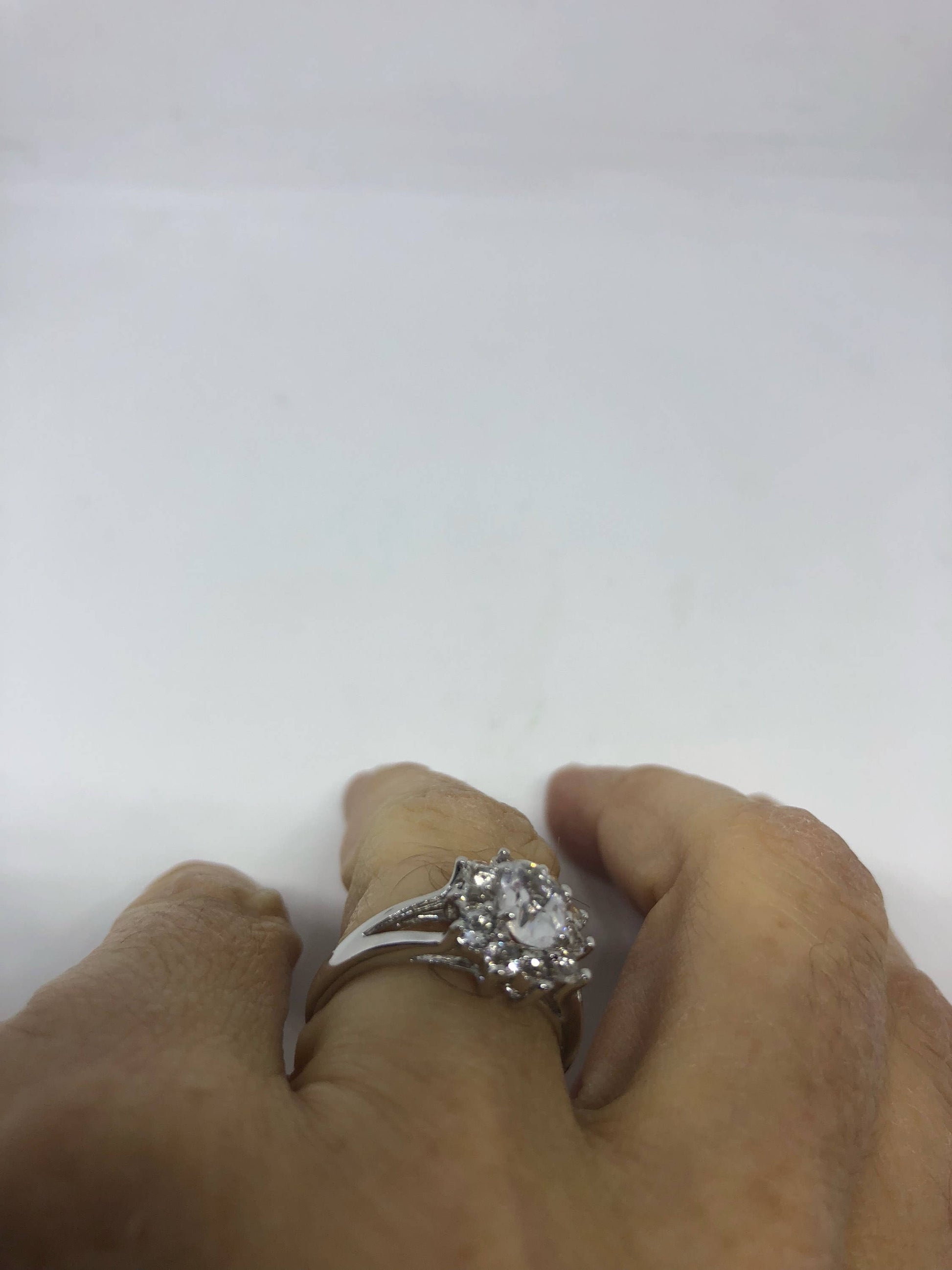 Vintage Clear White Sapphire 925 Sterling Silver Small Cocktail Ring