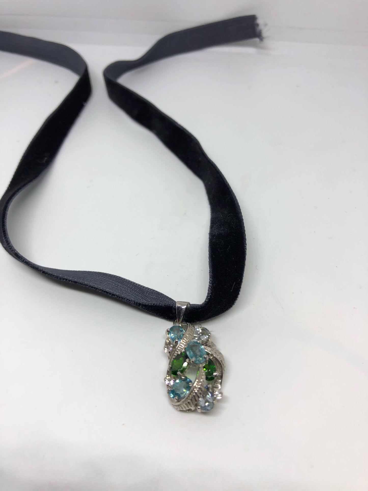 Vintage Genuine Deep Blue Topaz and Chrome Diopside 925 Sterling Silver Necklace Pendant