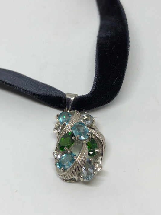 Vintage Genuine Deep Blue Topaz and Chrome Diopside 925 Sterling Silver Necklace Pendant
