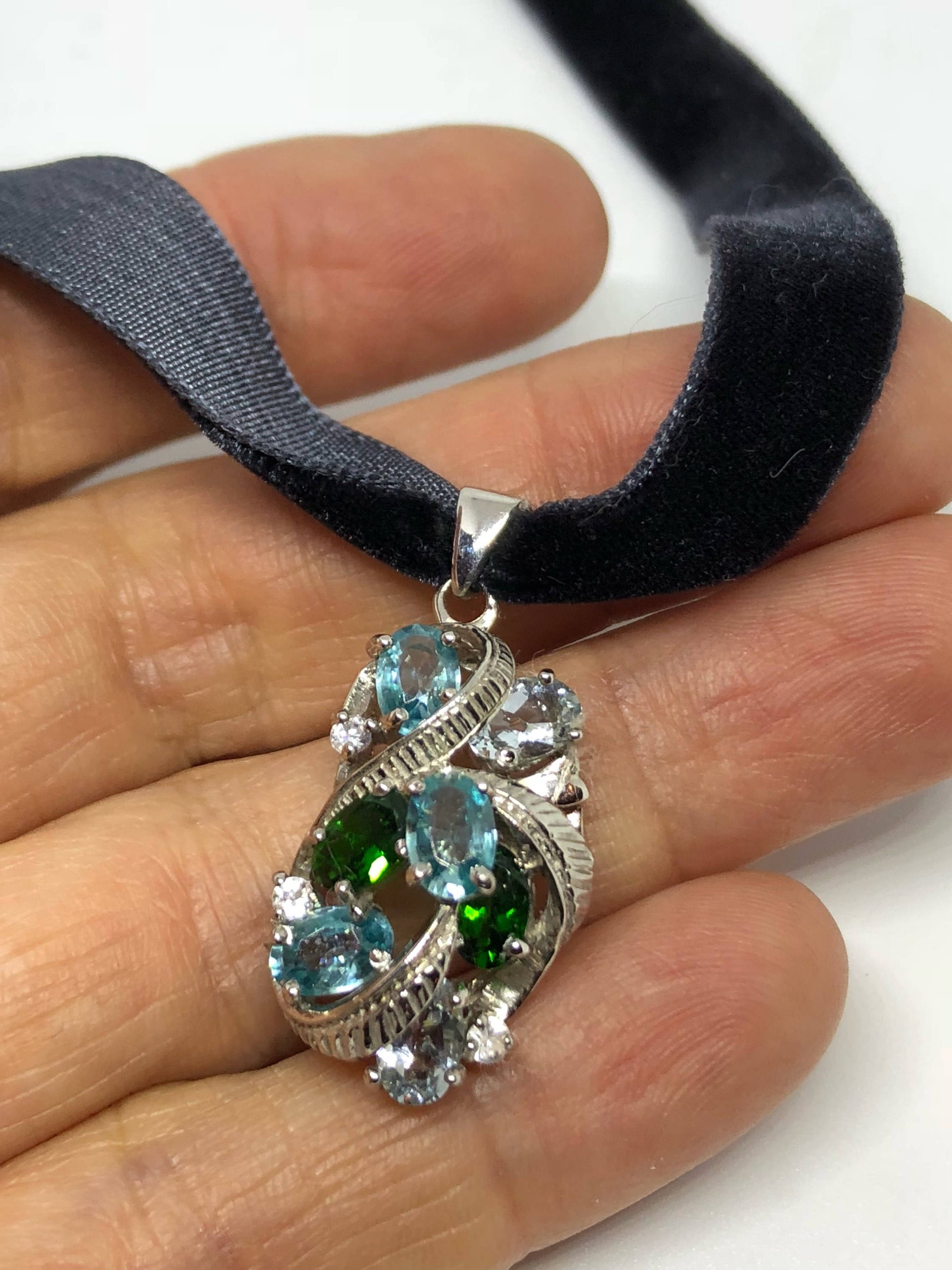 Vintage Genuine Deep Blue Topaz and Chrome Diopside 925 Sterling Silver Necklace Pendant