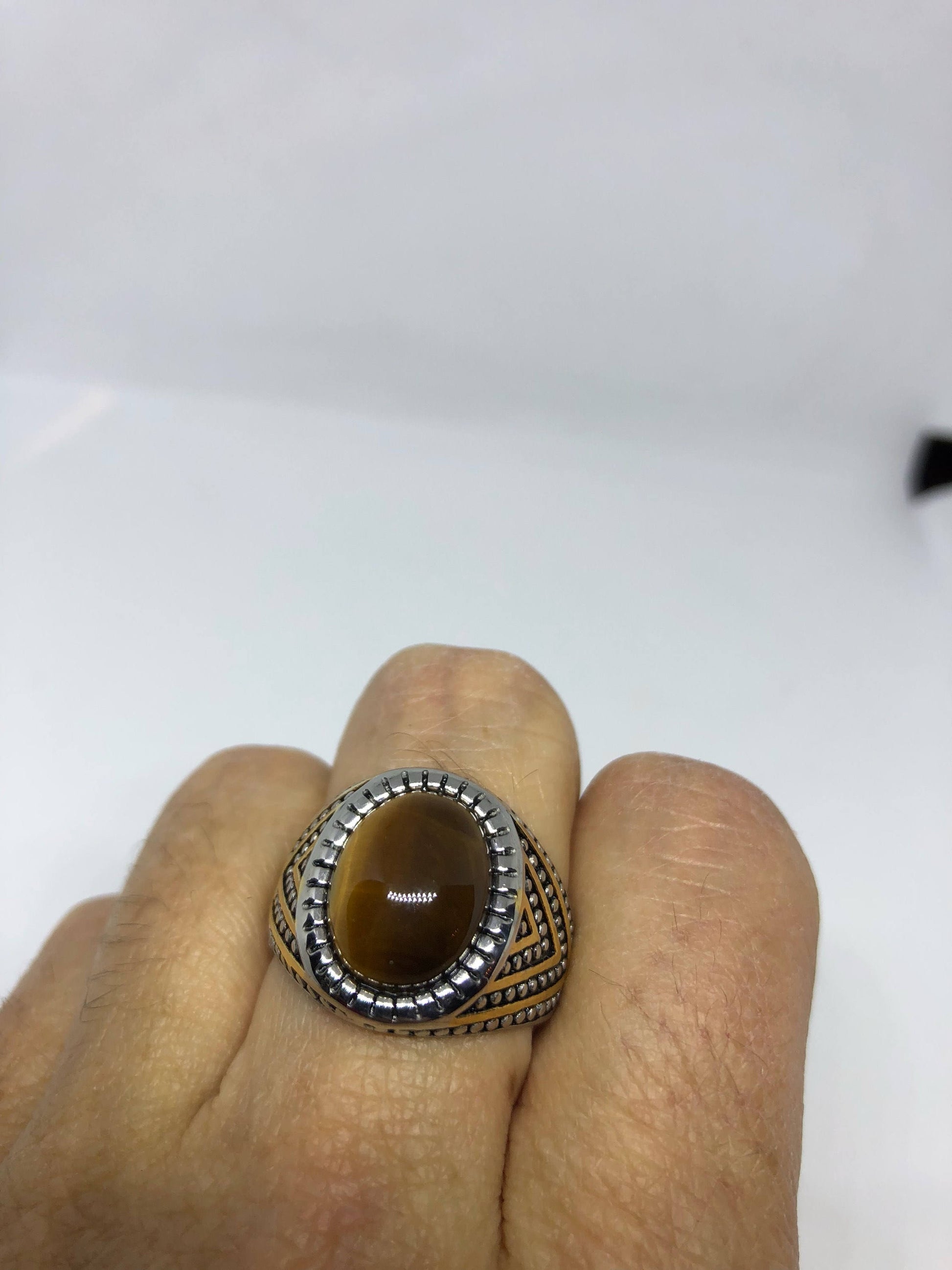 Vintage Gothic Stainless Steel Genuine Tigers Eye Ring