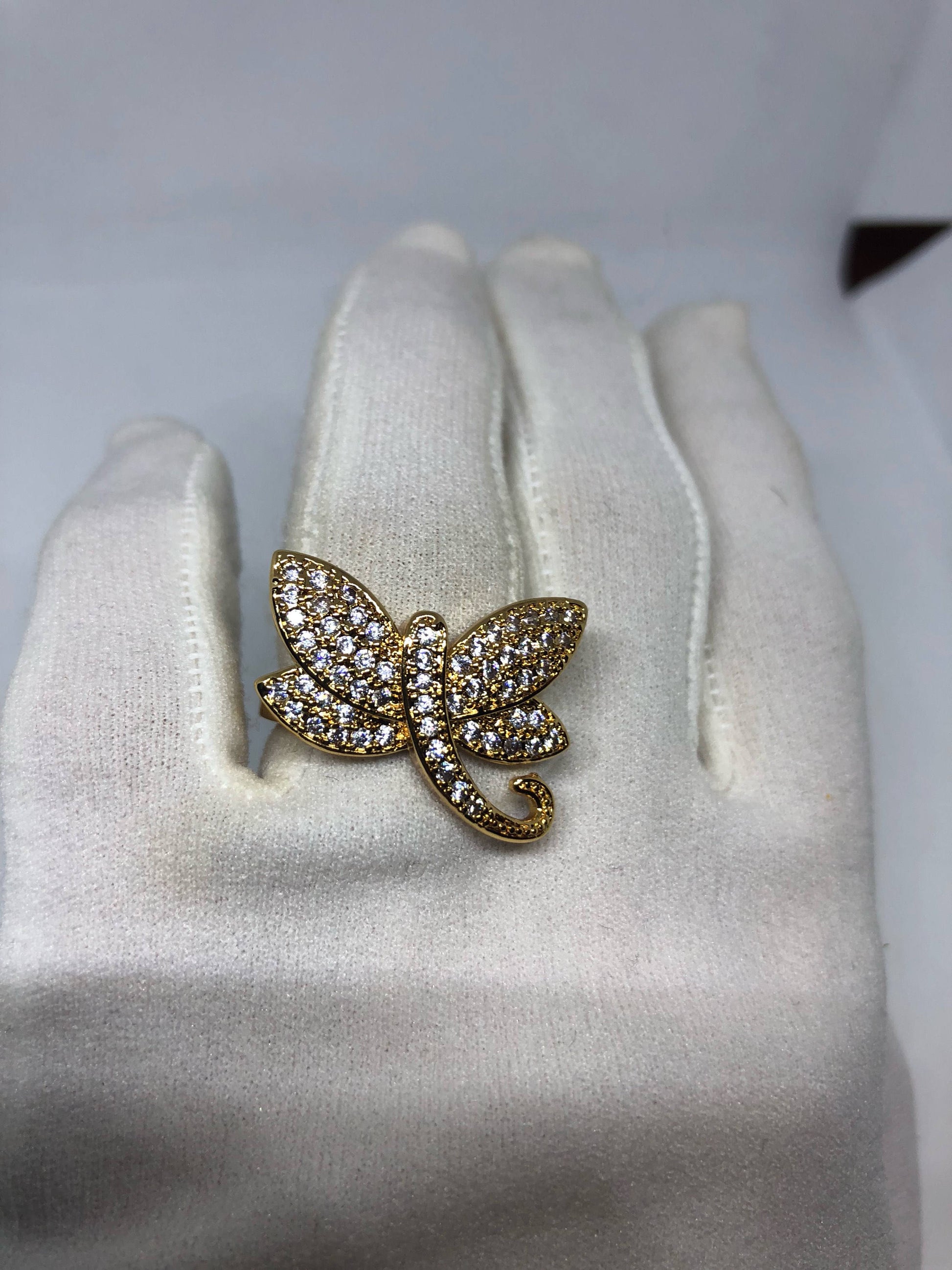 Vintage Clear Crystal Drogonfly Gold Filled Rose Gold Gothic Ring