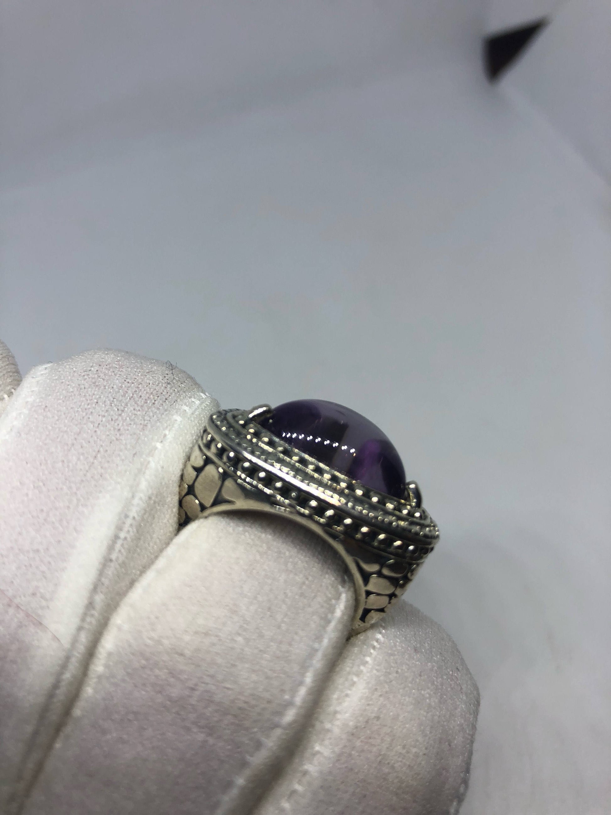 Vintage Handmade Genuine Purple Amethyst Filigree Setting 925 Sterling Silver Gothic Ring.