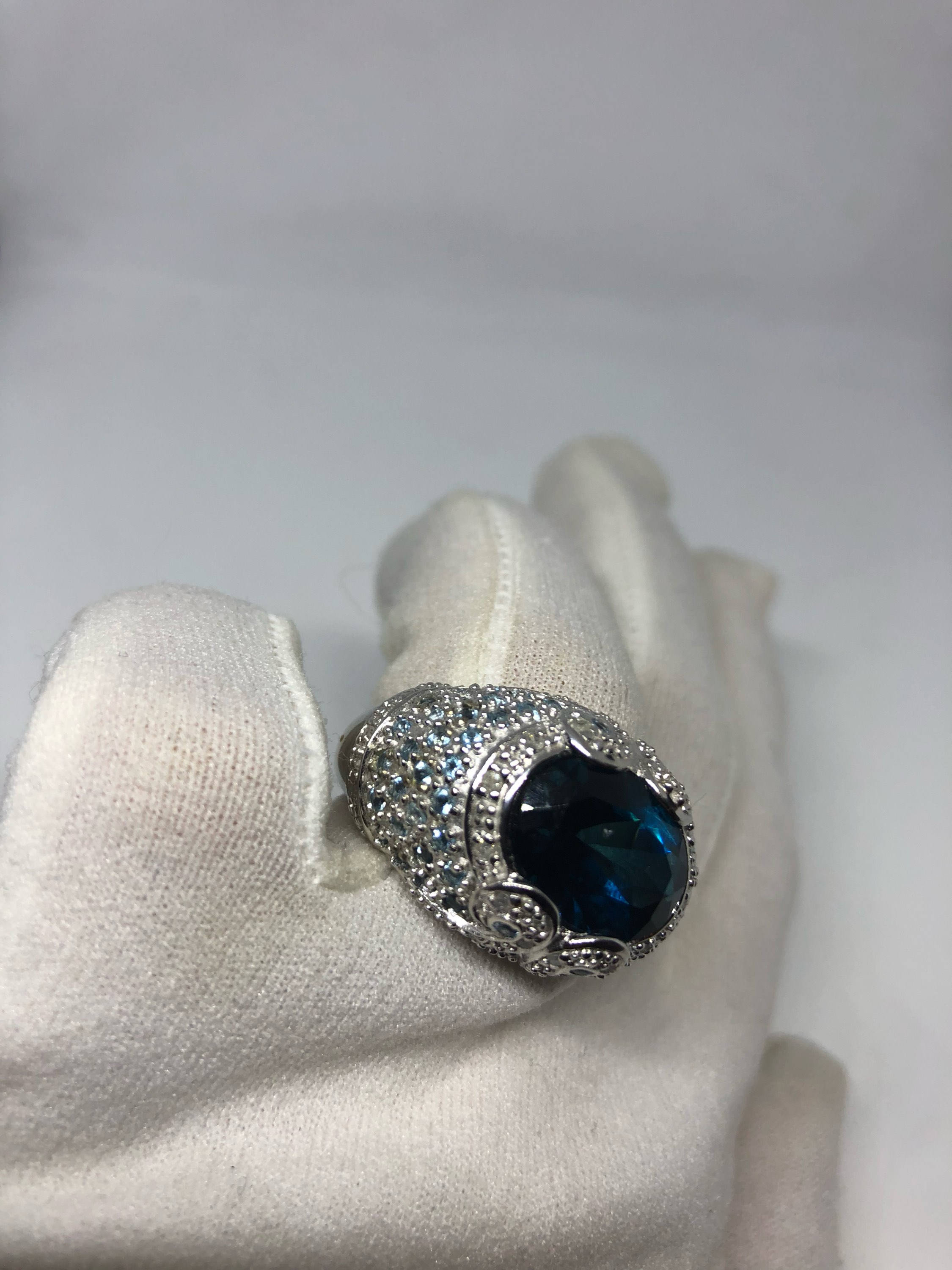 Top Vintage Genuine London Blue Topaz 925 Sterling Silver Ring