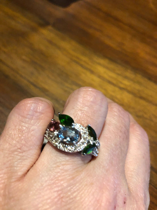 Vintage Genuine Blue Topaz Chrome Diopside 925 Sterling Silver Ring