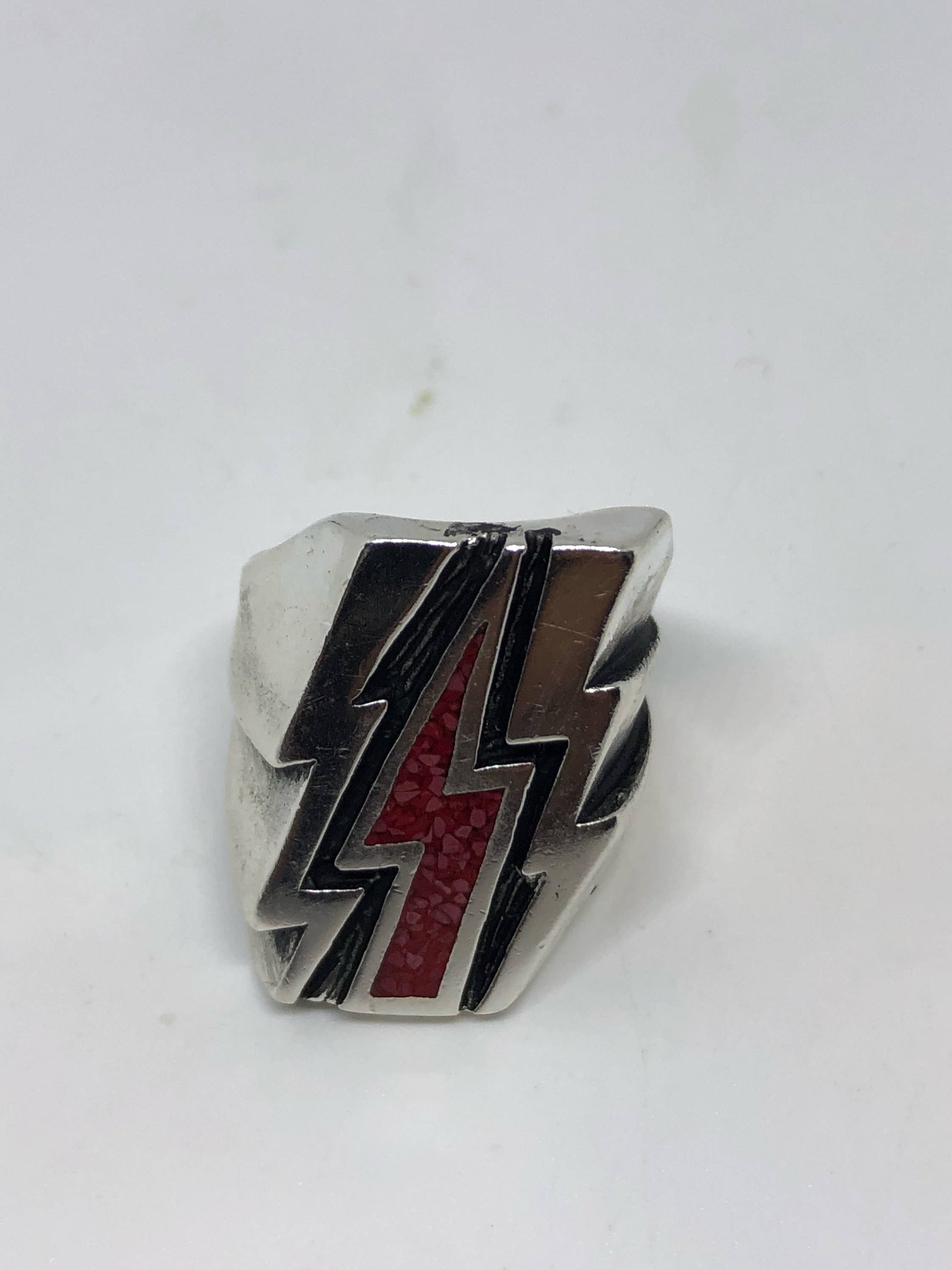 Vintage Southwestern Red Inlay Lighting Bolt Men's Biker Ring