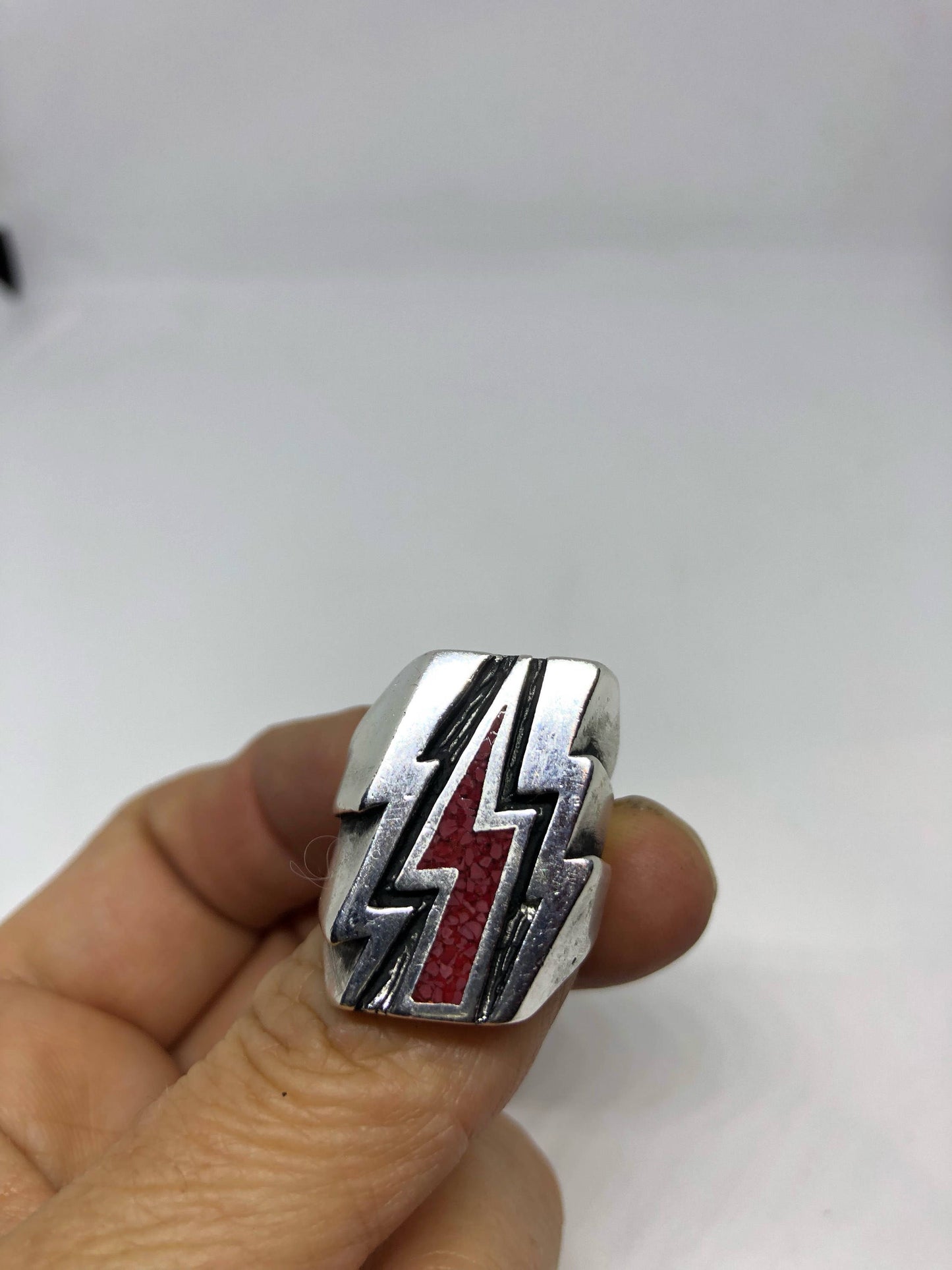 Vintage Southwestern Red Inlay Lighting Bolt Men's Biker Ring