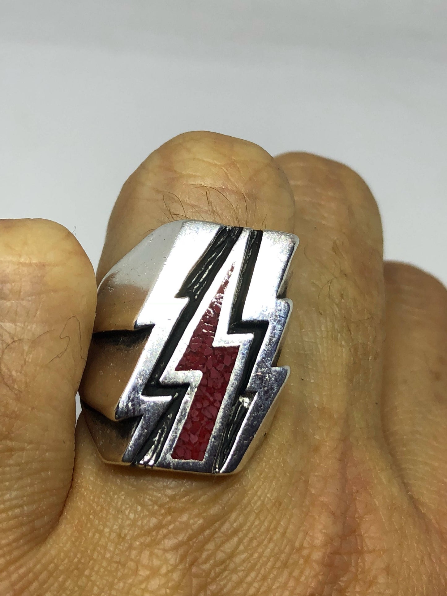 Vintage Southwestern Red Inlay Lighting Bolt Men's Biker Ring