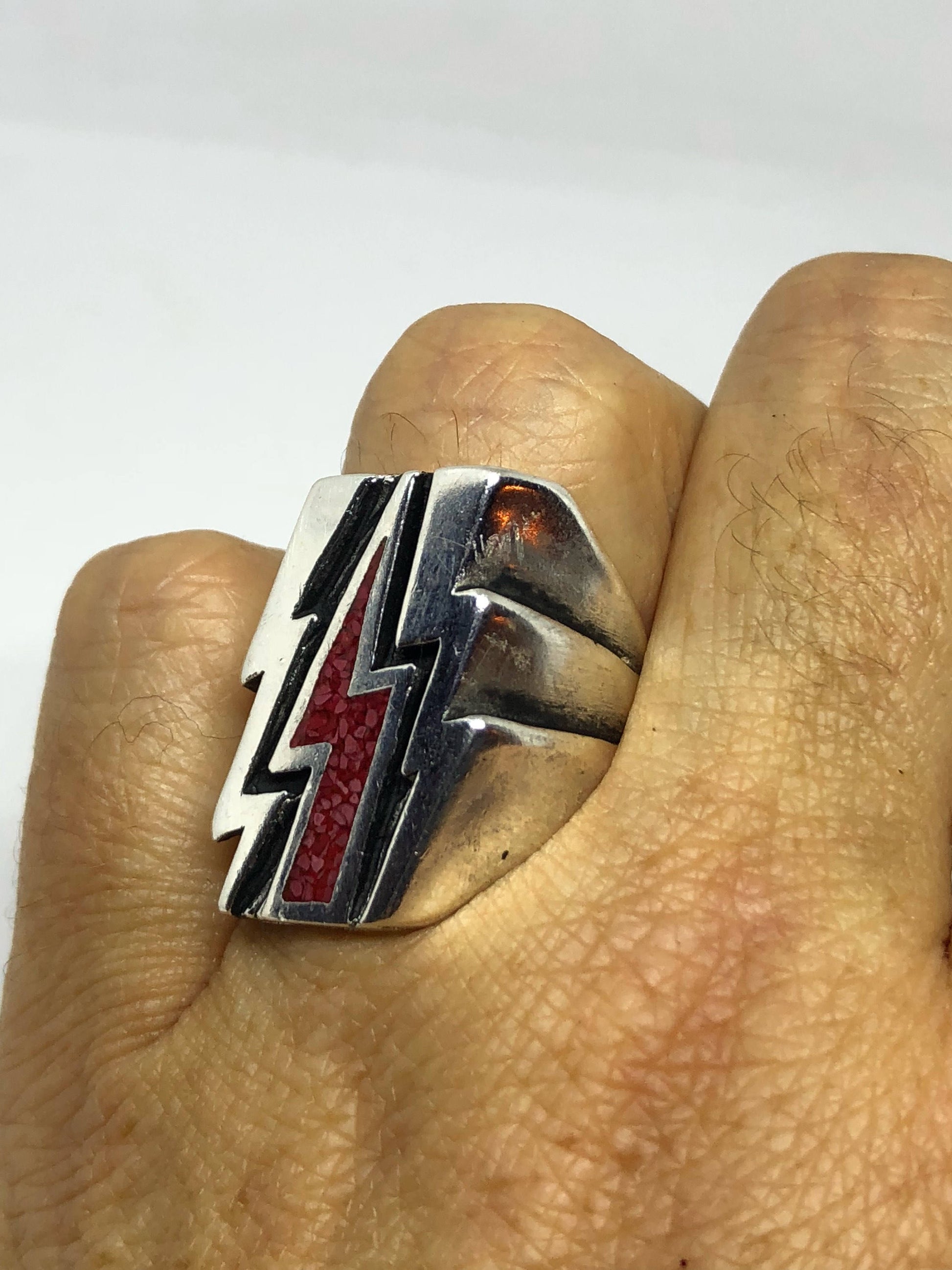 Vintage Southwestern Red Inlay Lighting Bolt Men's Biker Ring