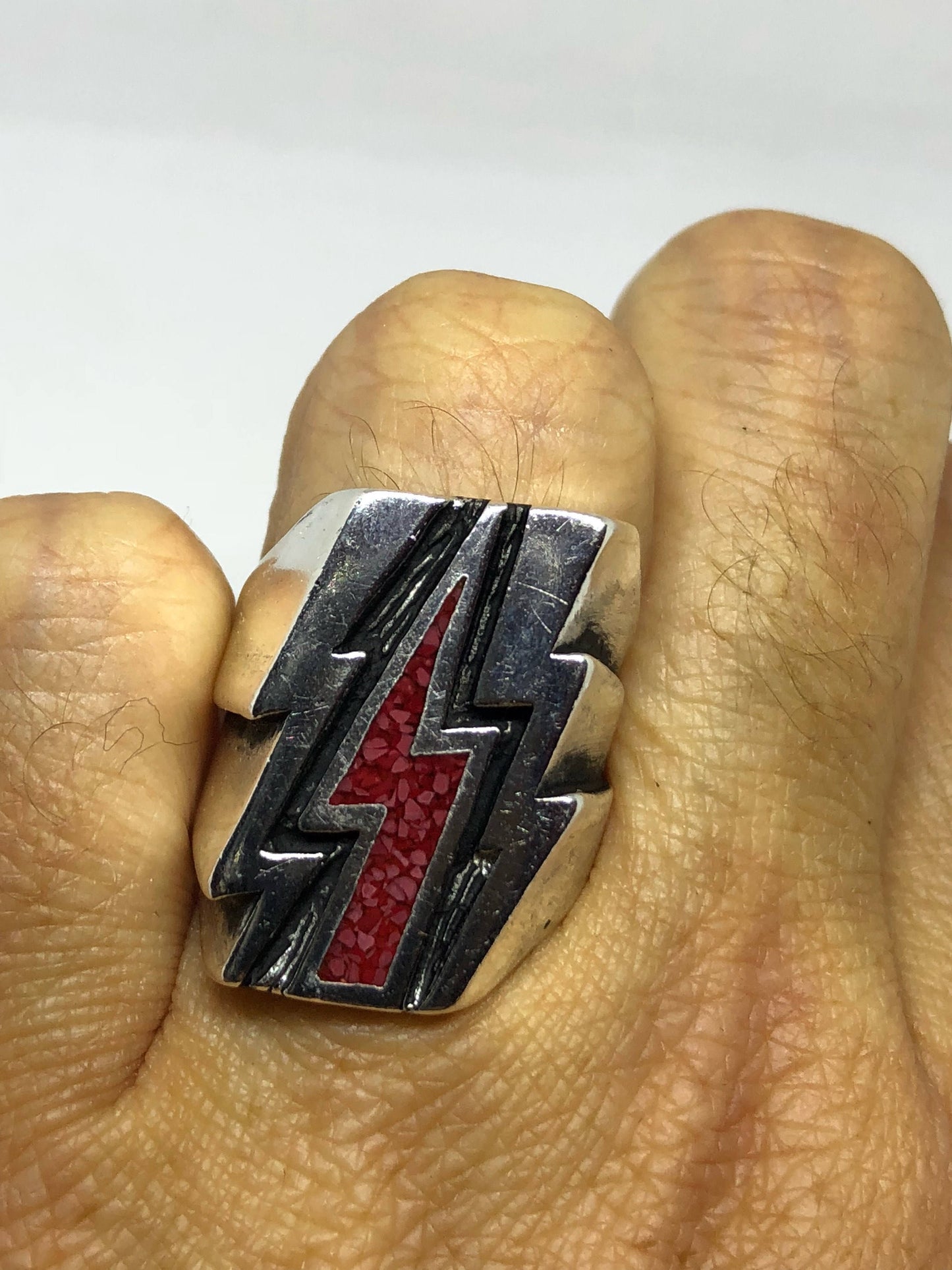 Vintage Southwestern Red Inlay Lighting Bolt Men's Biker Ring