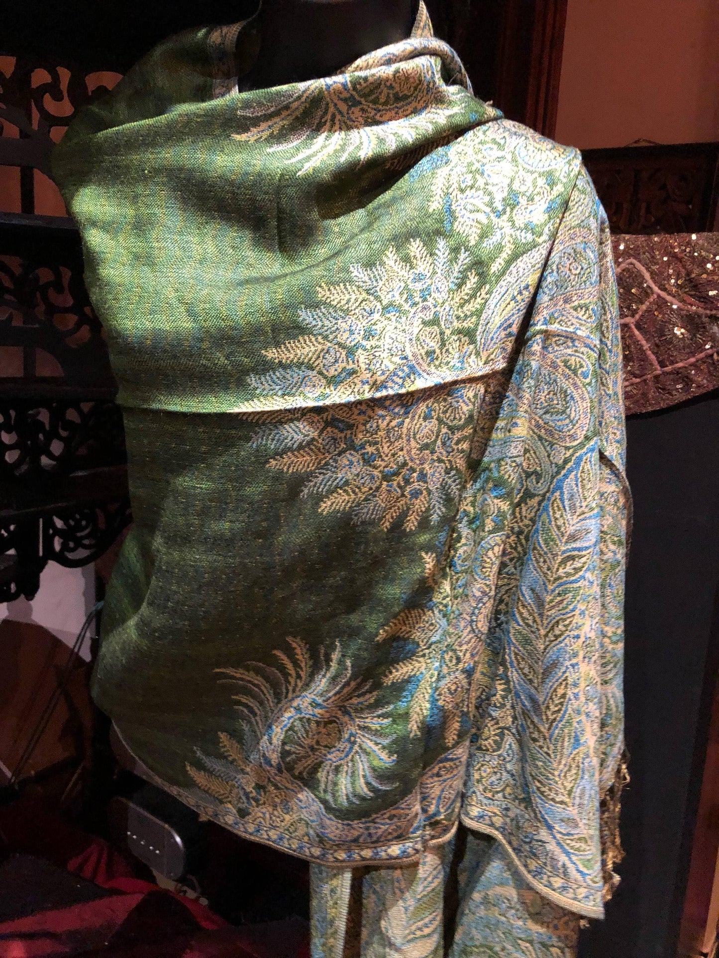 Vintage Lime Green Paisley Brocade Pashmina Scarf Wrap