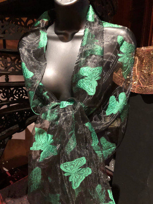 Vintage Styled Sheer Black and Green Wrap Shawl