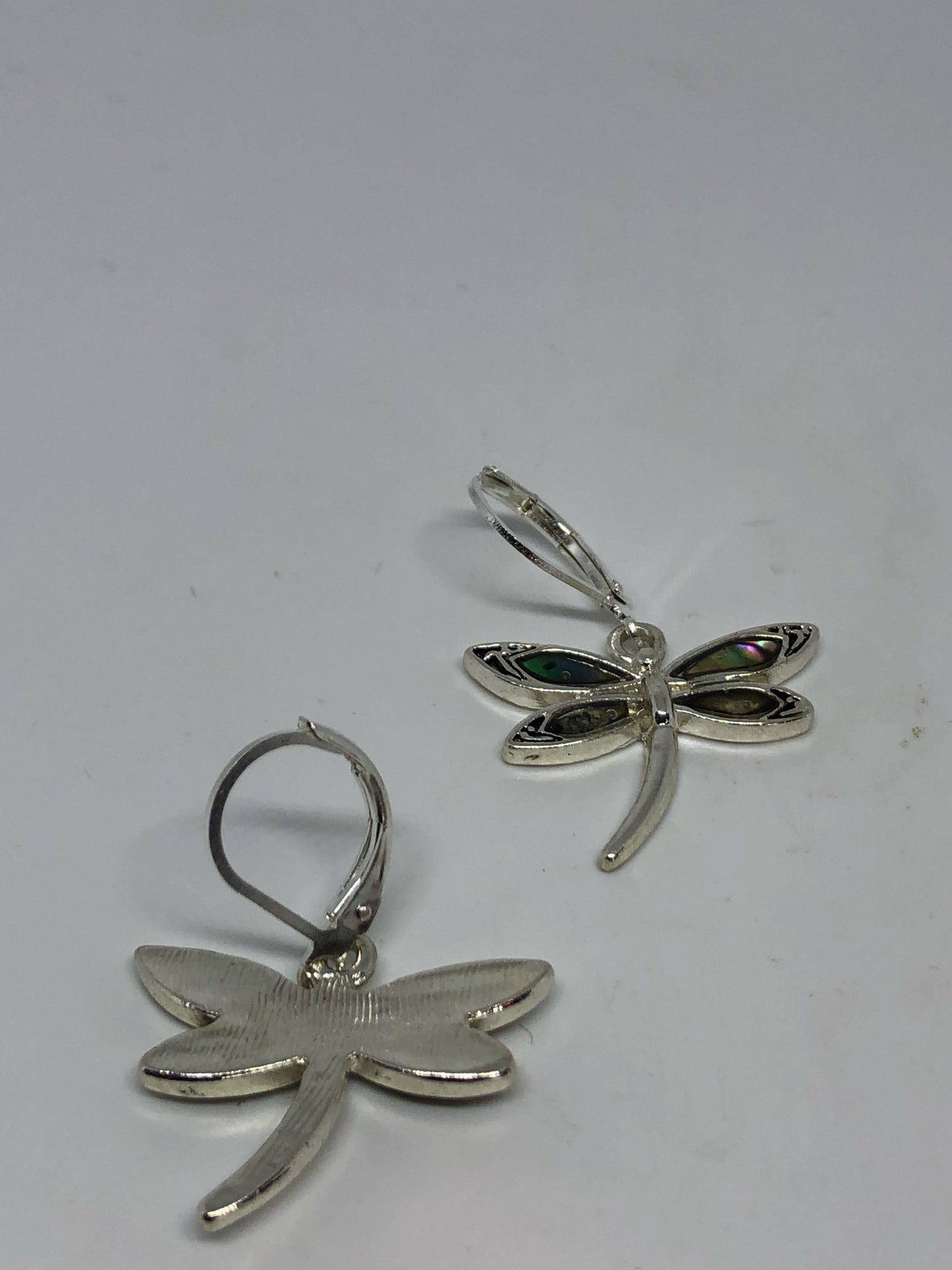 Vintage Handmade Silver Dragonfly Rainbow Abalone Earrings