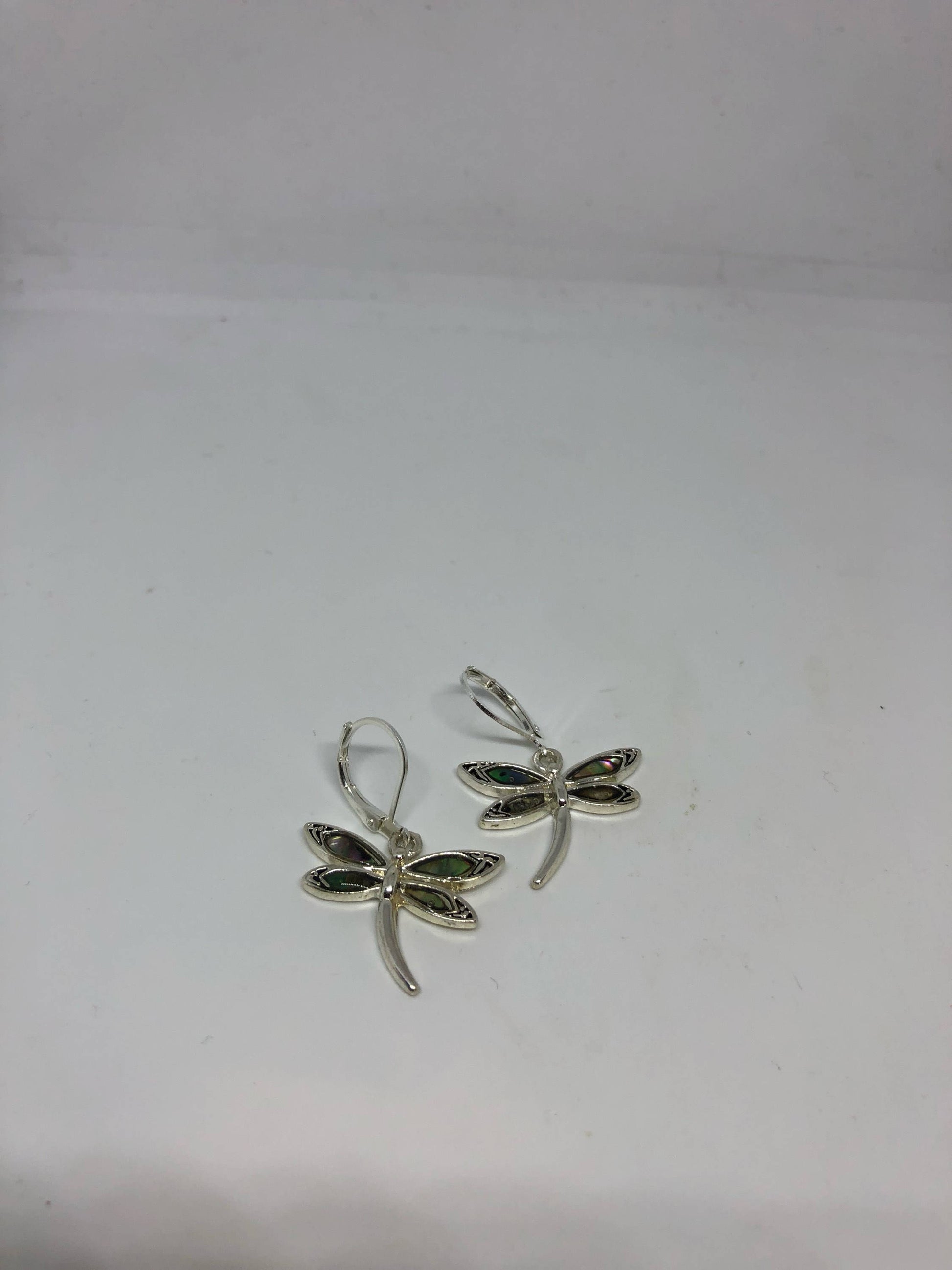 Vintage Handmade Silver Dragonfly Rainbow Abalone Earrings