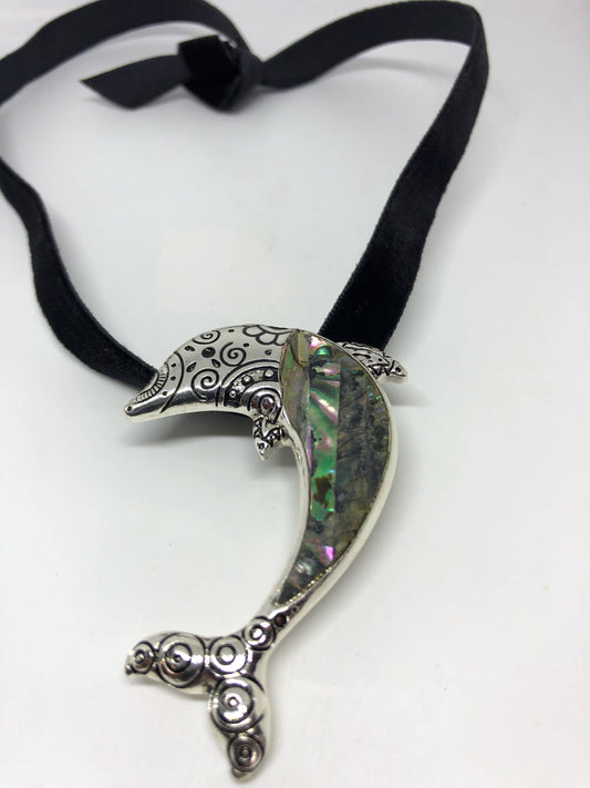 Blue Handmade Gothic Styled Silver Finished Genuine Abalone Dolphin Choker Necklace