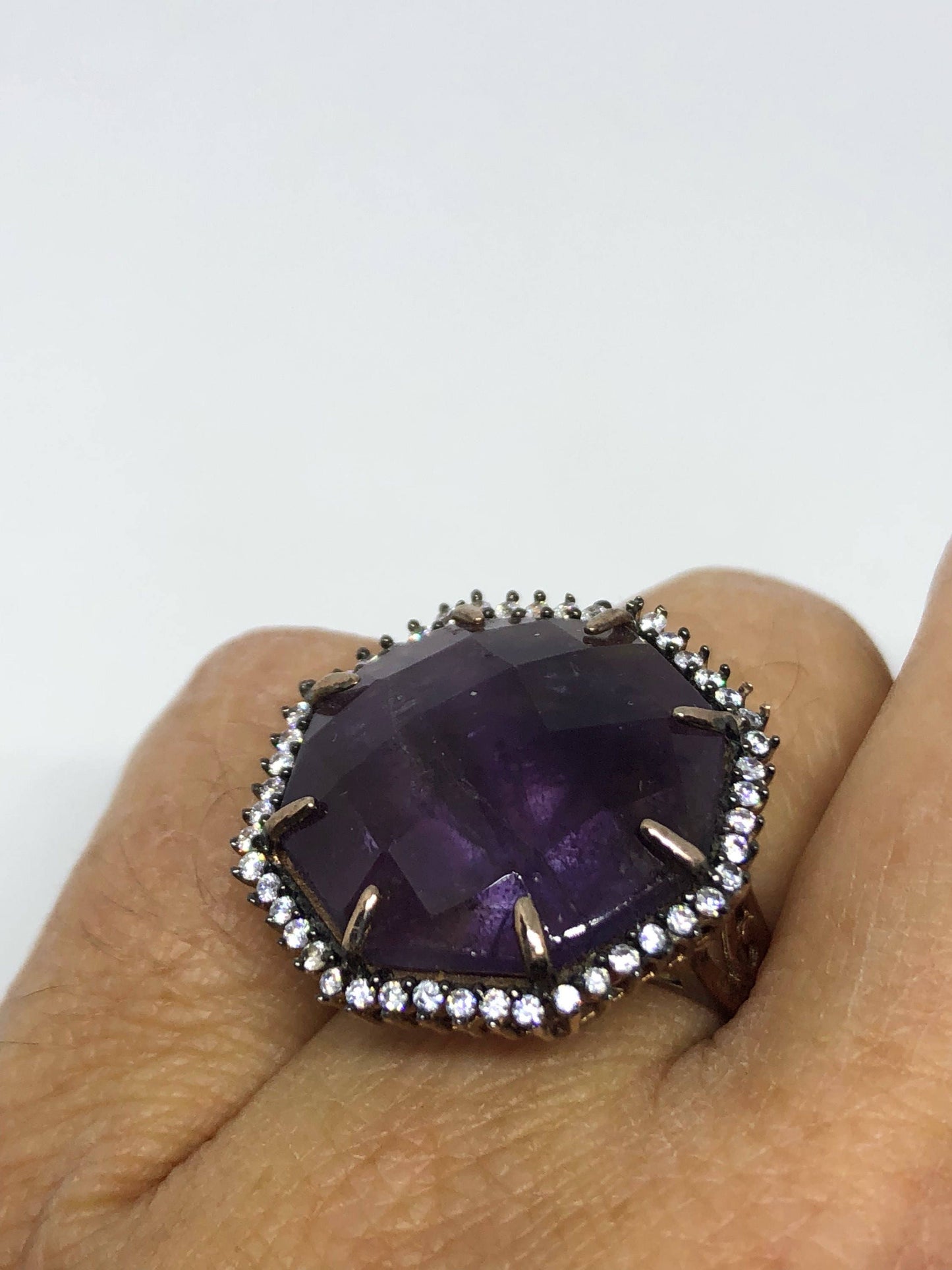 Vintage Handmade Deep Purple Genuine Amethyst Setting Rose Gold 925 Sterling Silver Gothic Ring