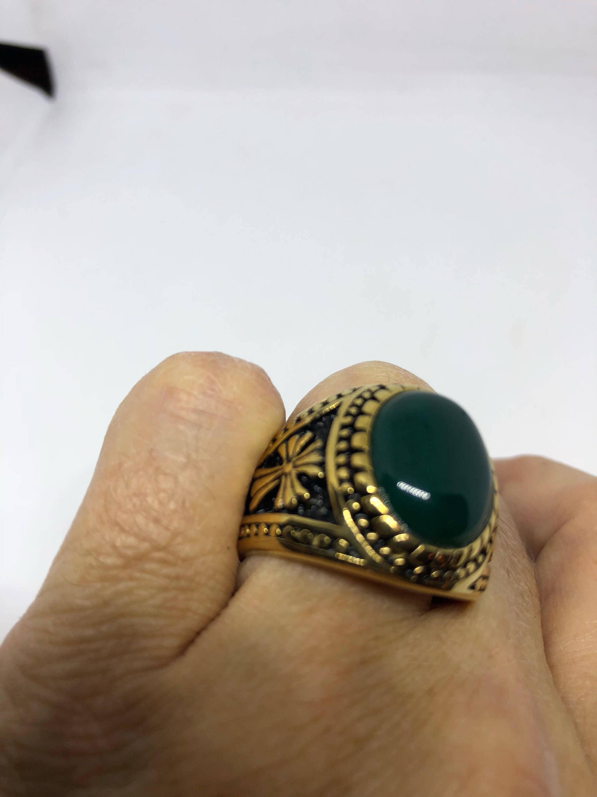 Vintage Gothic Golden Stainless Steel Genuine Green Onyx Mens Cross Ring