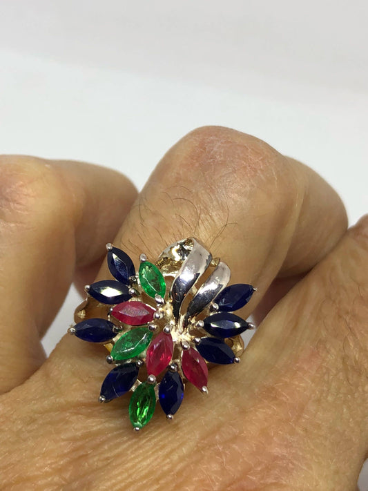 Vintage Ruby Emerald Sapphire Sterling Silver Cocktail Ring