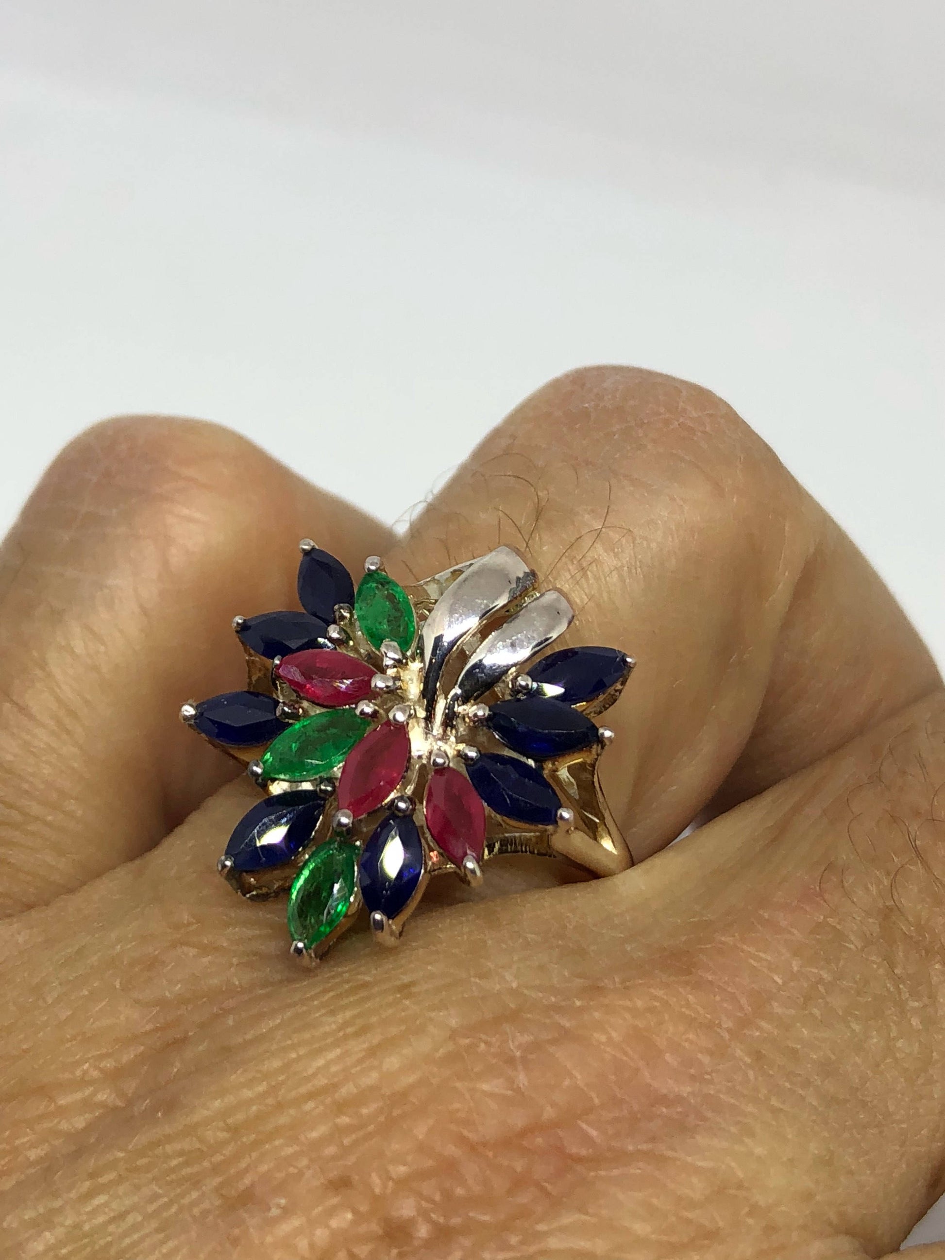 Vintage Ruby Emerald Sapphire Sterling Silver Cocktail Ring