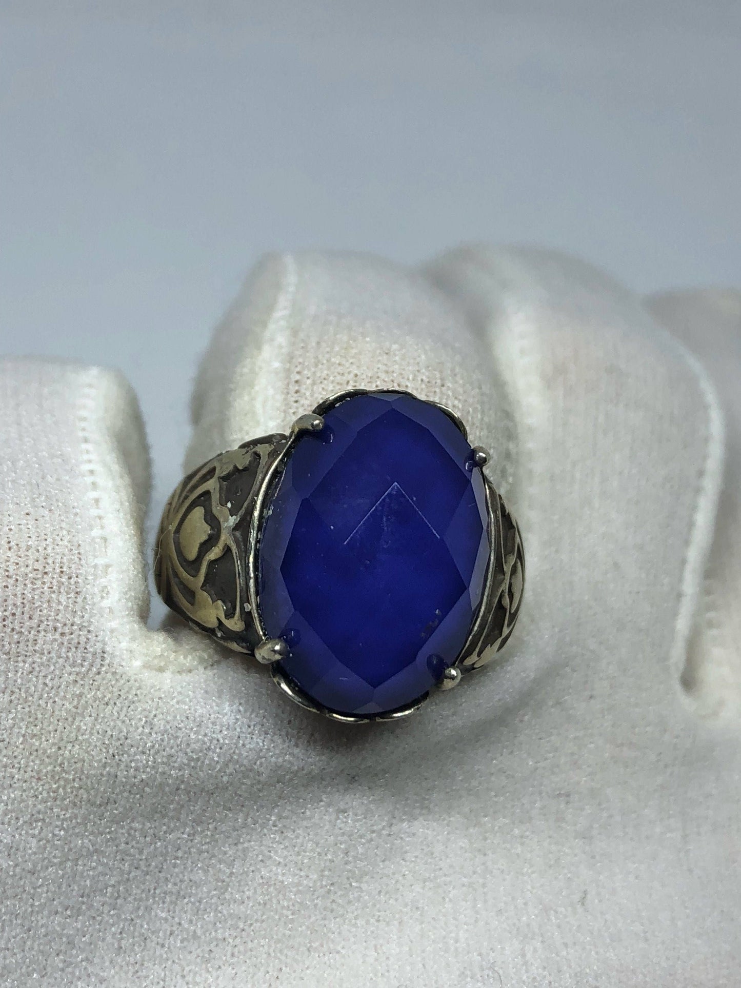 Vintage Handmade Deep Blue antique Glass Matte Setting 925 Sterling Silver Gothic Ring