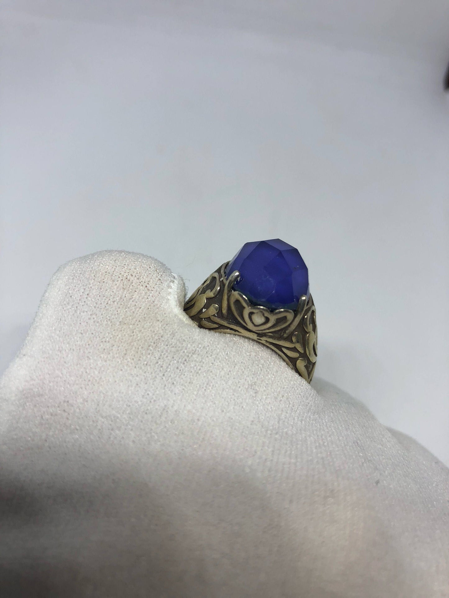 Vintage Handmade Deep Blue antique Glass Matte Setting 925 Sterling Silver Gothic Ring