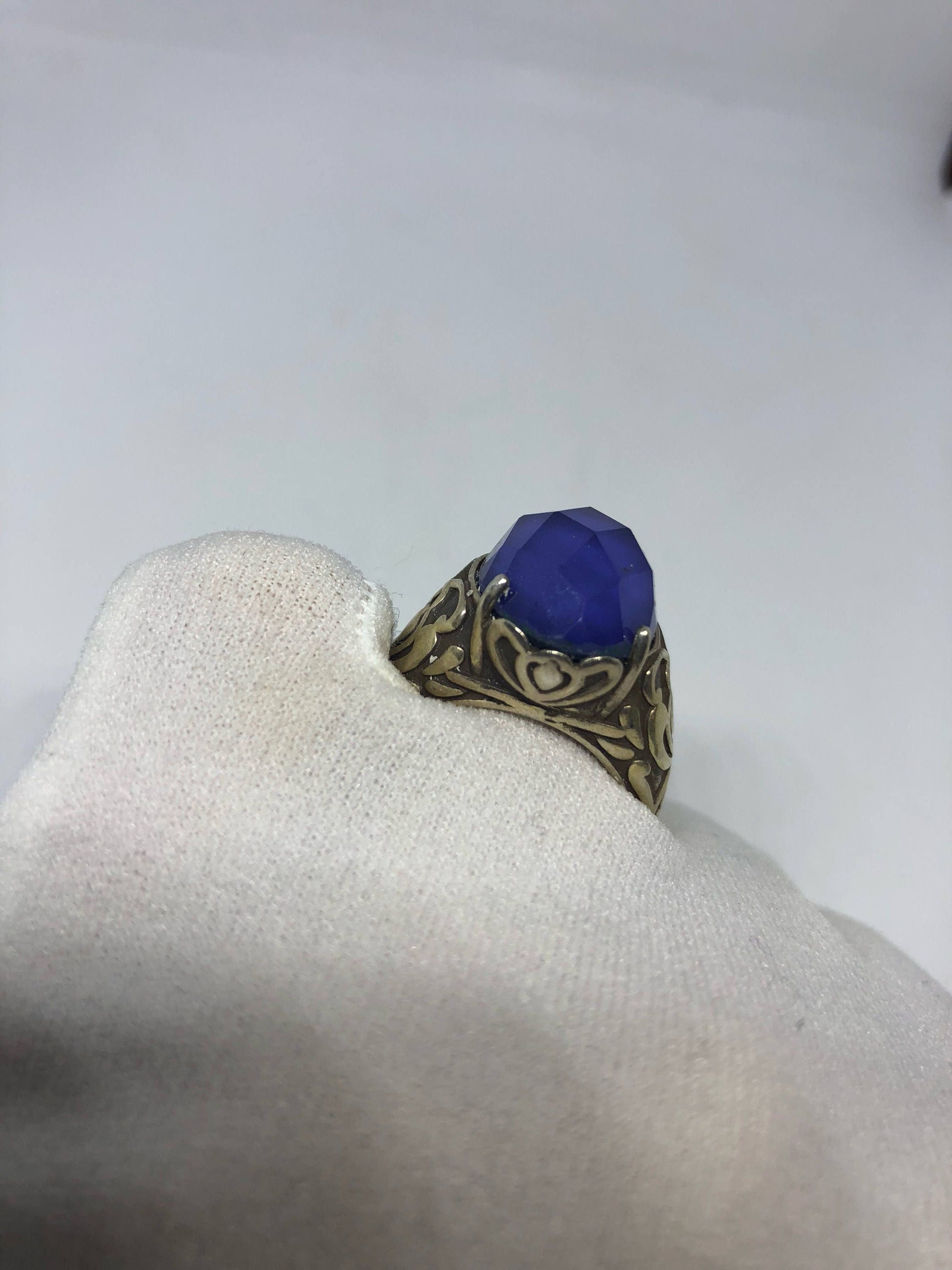 Vintage Handmade Deep Blue antique Glass Matte Setting 925 Sterling Silver Gothic Ring