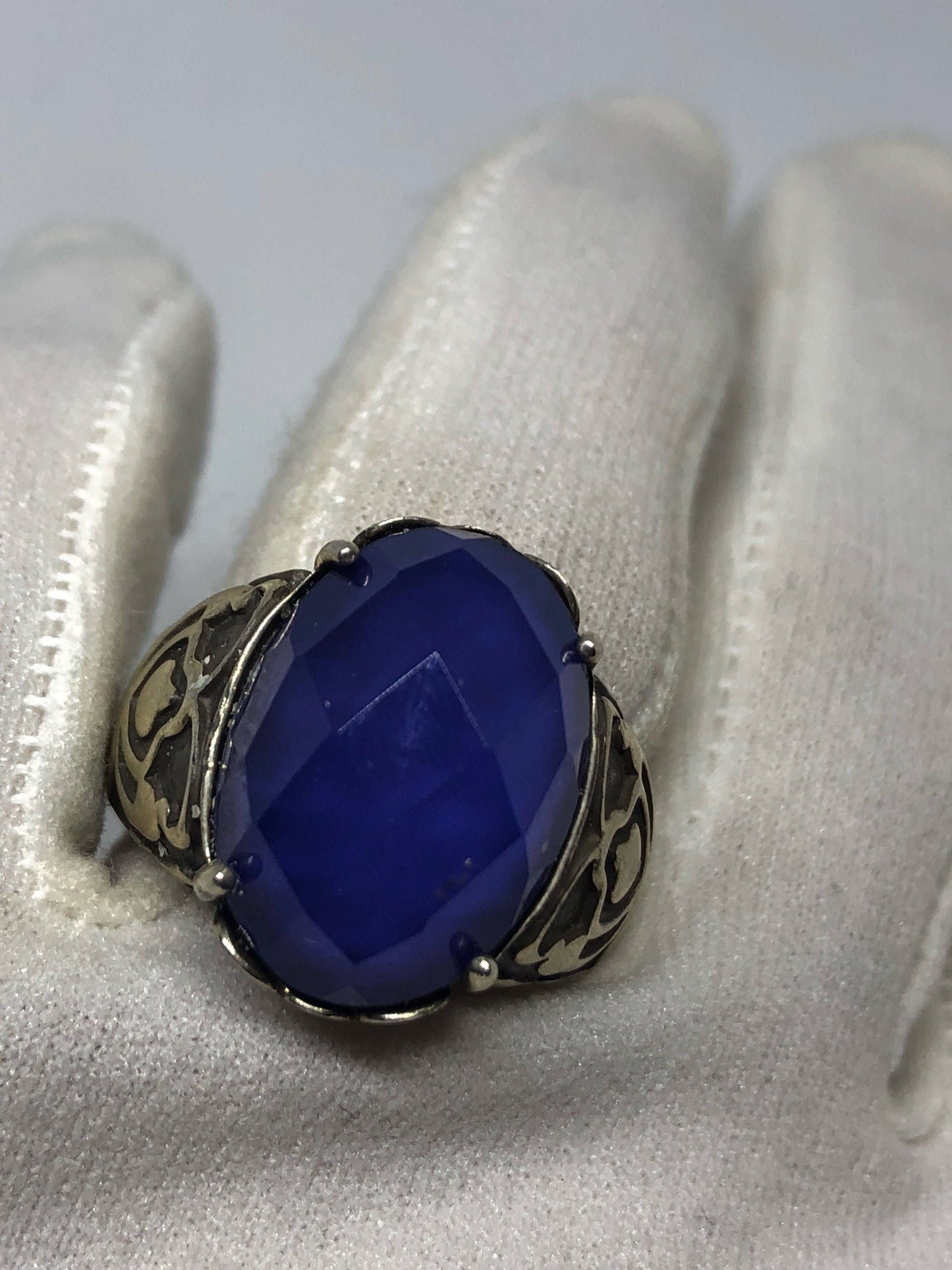 Vintage Handmade Deep Blue antique Glass Matte Setting 925 Sterling Silver Gothic Ring