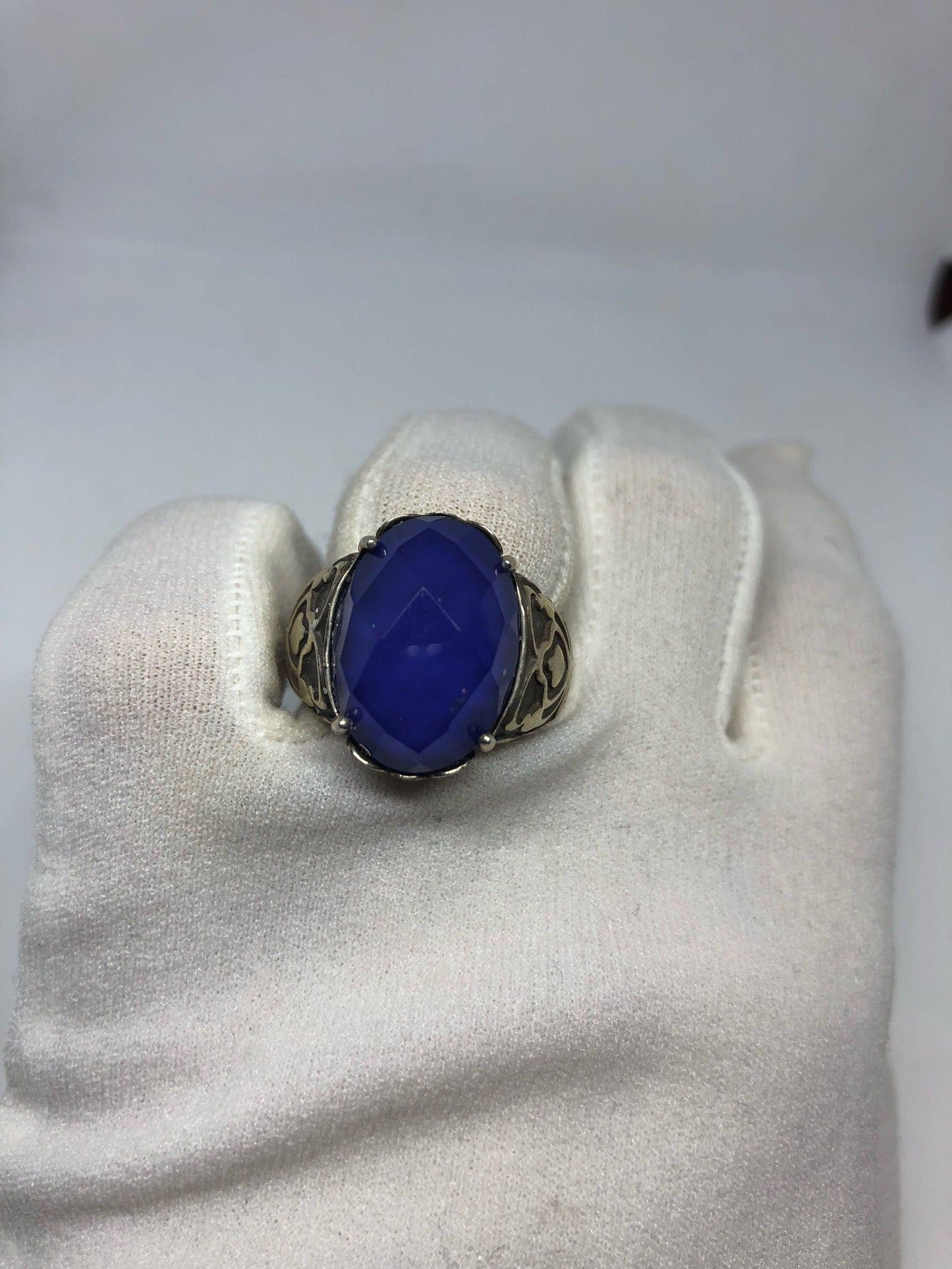 Vintage Handmade Deep Blue antique Glass Matte Setting 925 Sterling Silver Gothic Ring