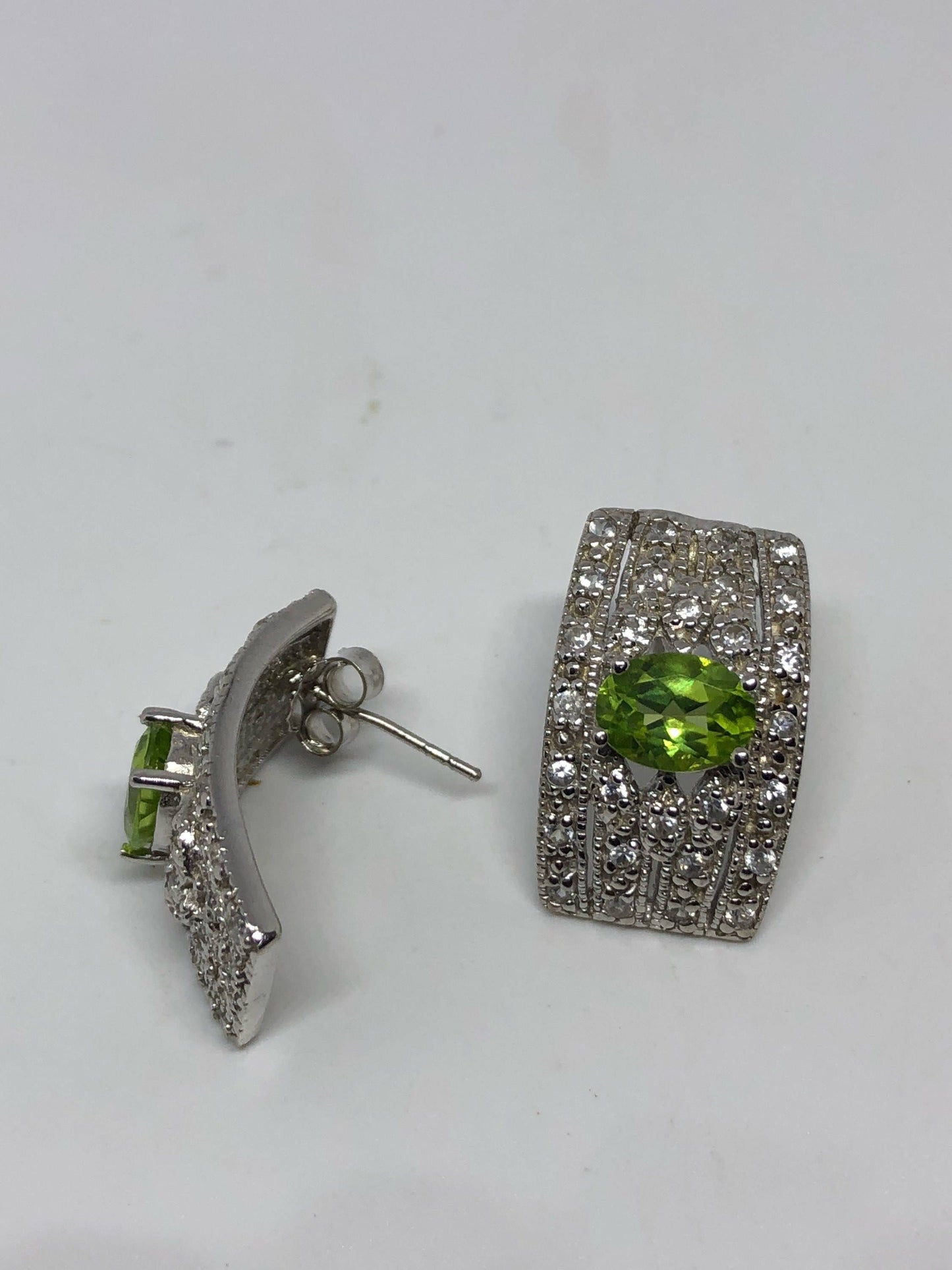 Vintage Handmade Sterling Silver Genuine Green Peridot and White Sapphire Earrings