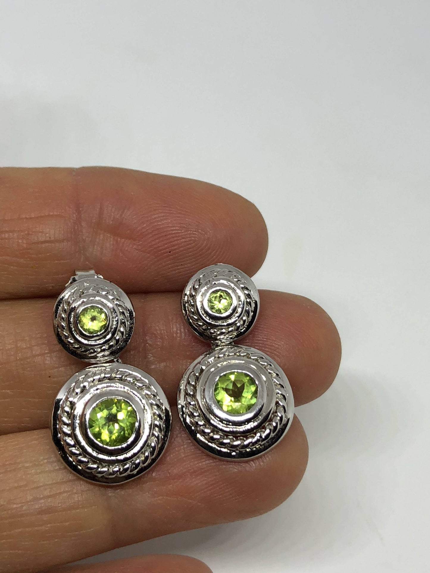 Vintage Handmade Sterling Silver Genuine Green Peridot Stud Earrings