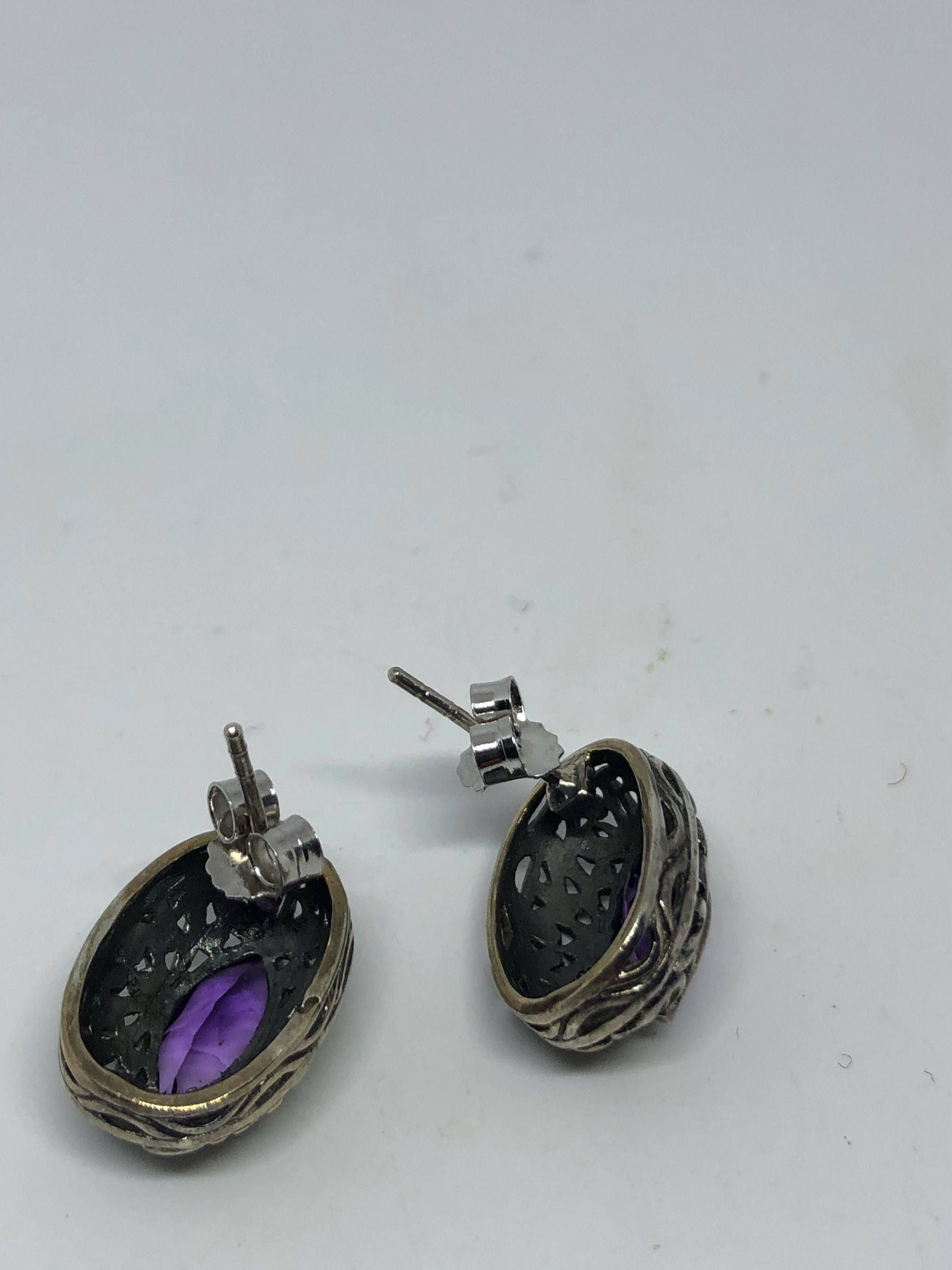 Vintage Amethyst Earrings 925 Sterling Silver Purple Stud Button