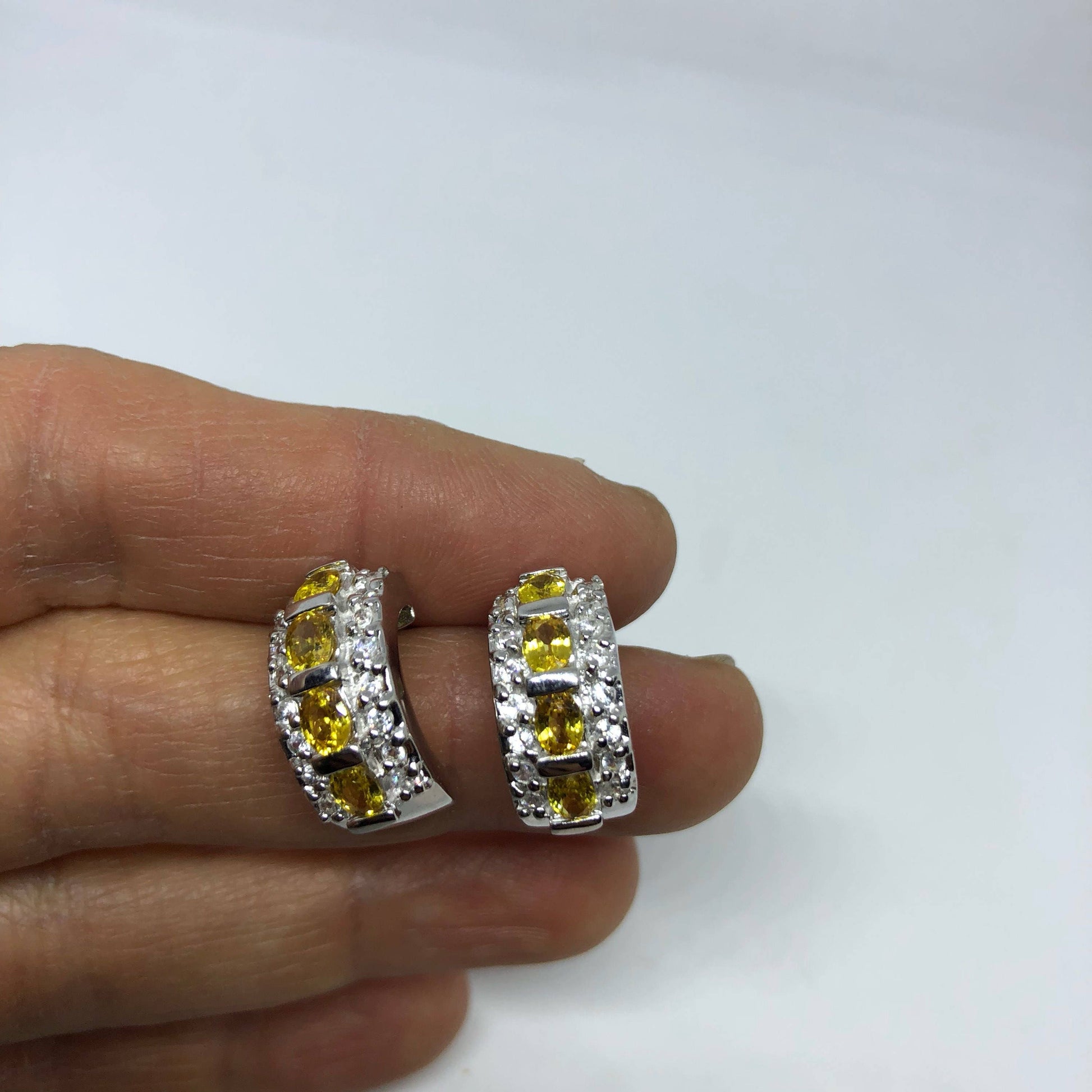 Vintage Citrine Earrings 925 Sterling Silver Deco Stud Button