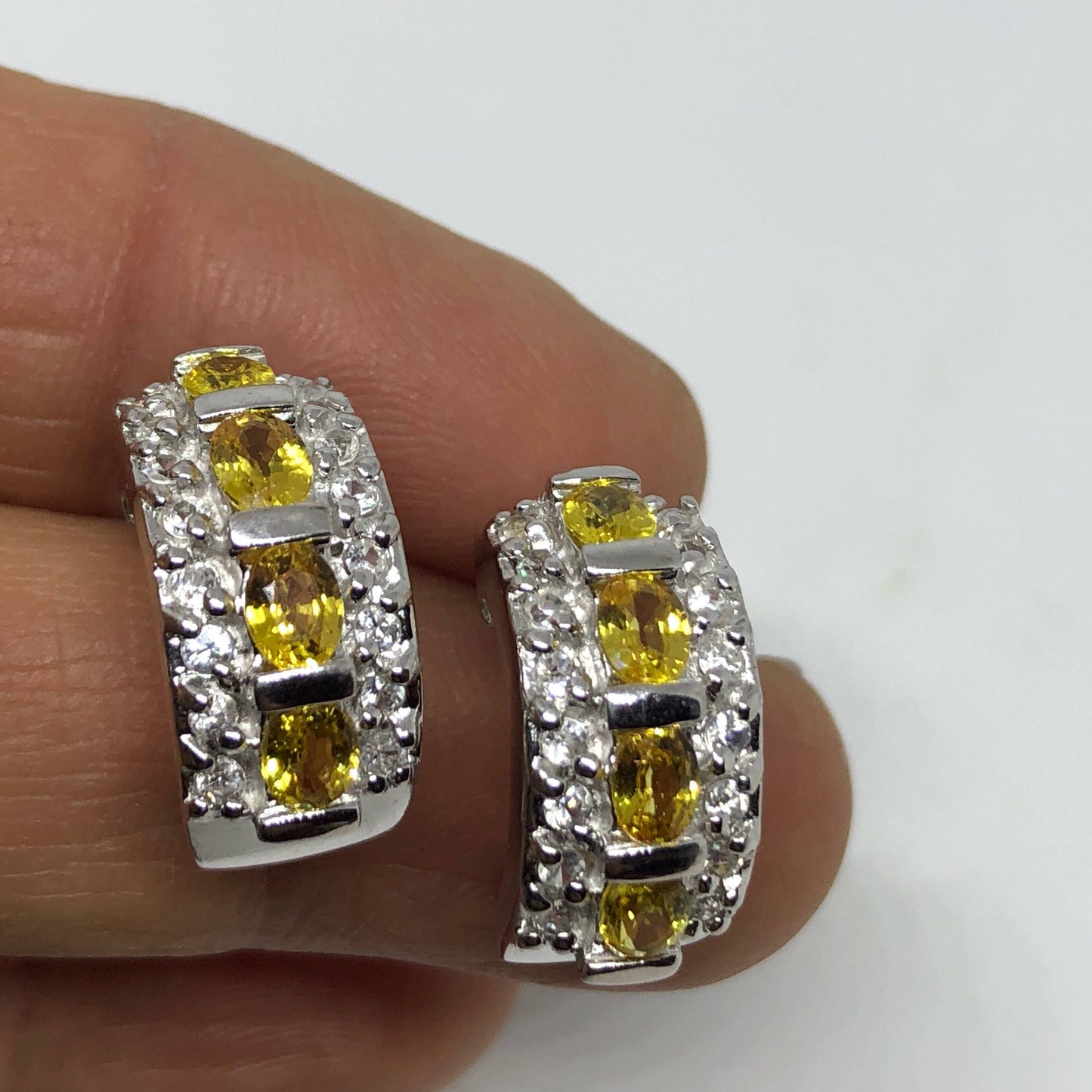 Vintage Citrine Earrings 925 Sterling Silver Deco Stud Button