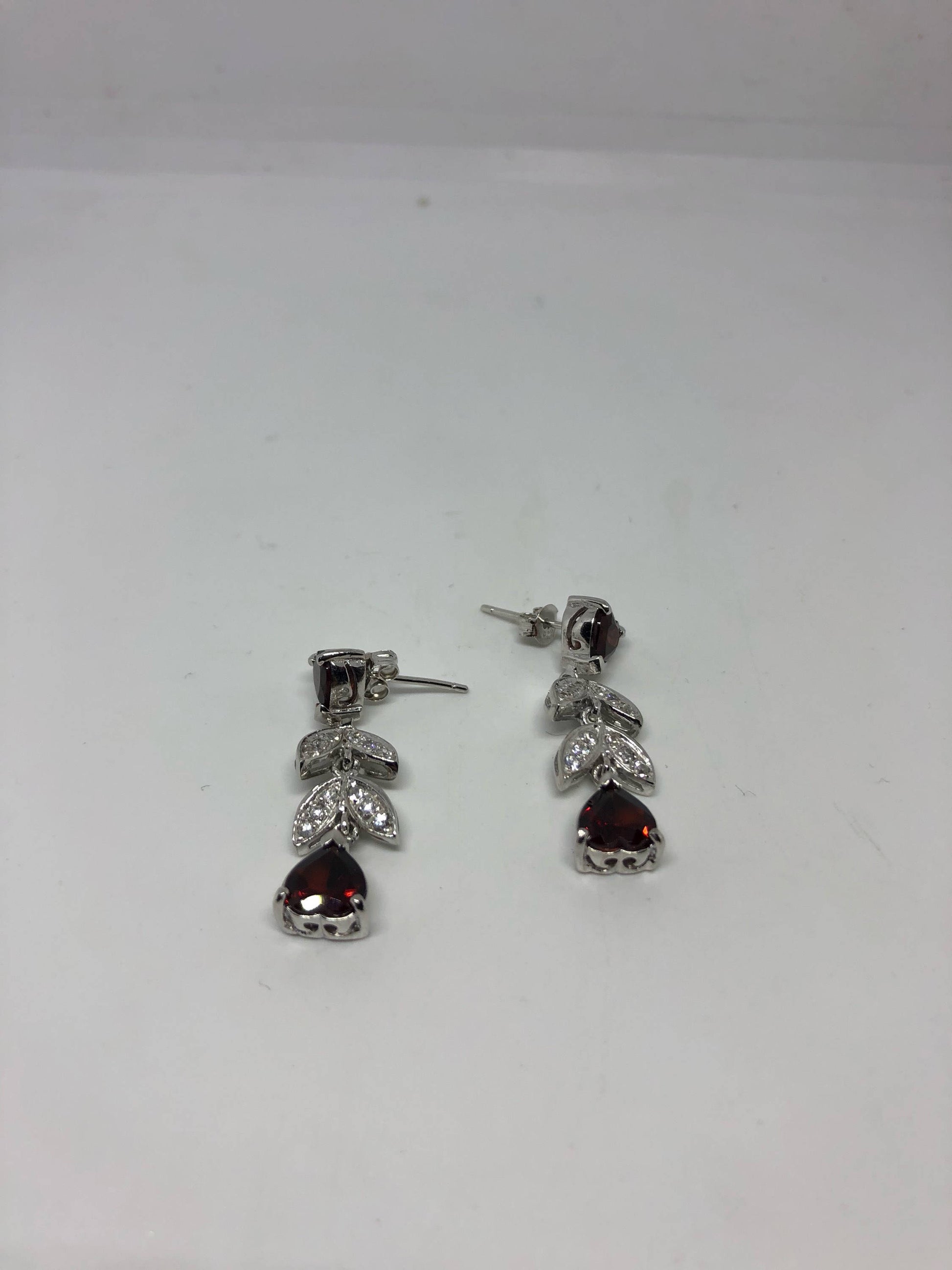 Vintage Bohemian Red Garnet Earrings 925 Sterling Silver Deco HEart Dangle